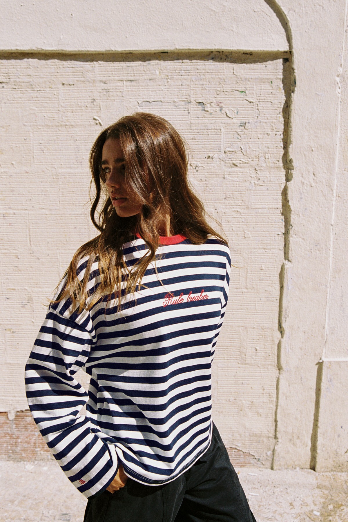 Pull & Bear Çizgili yazılı oversize tişört