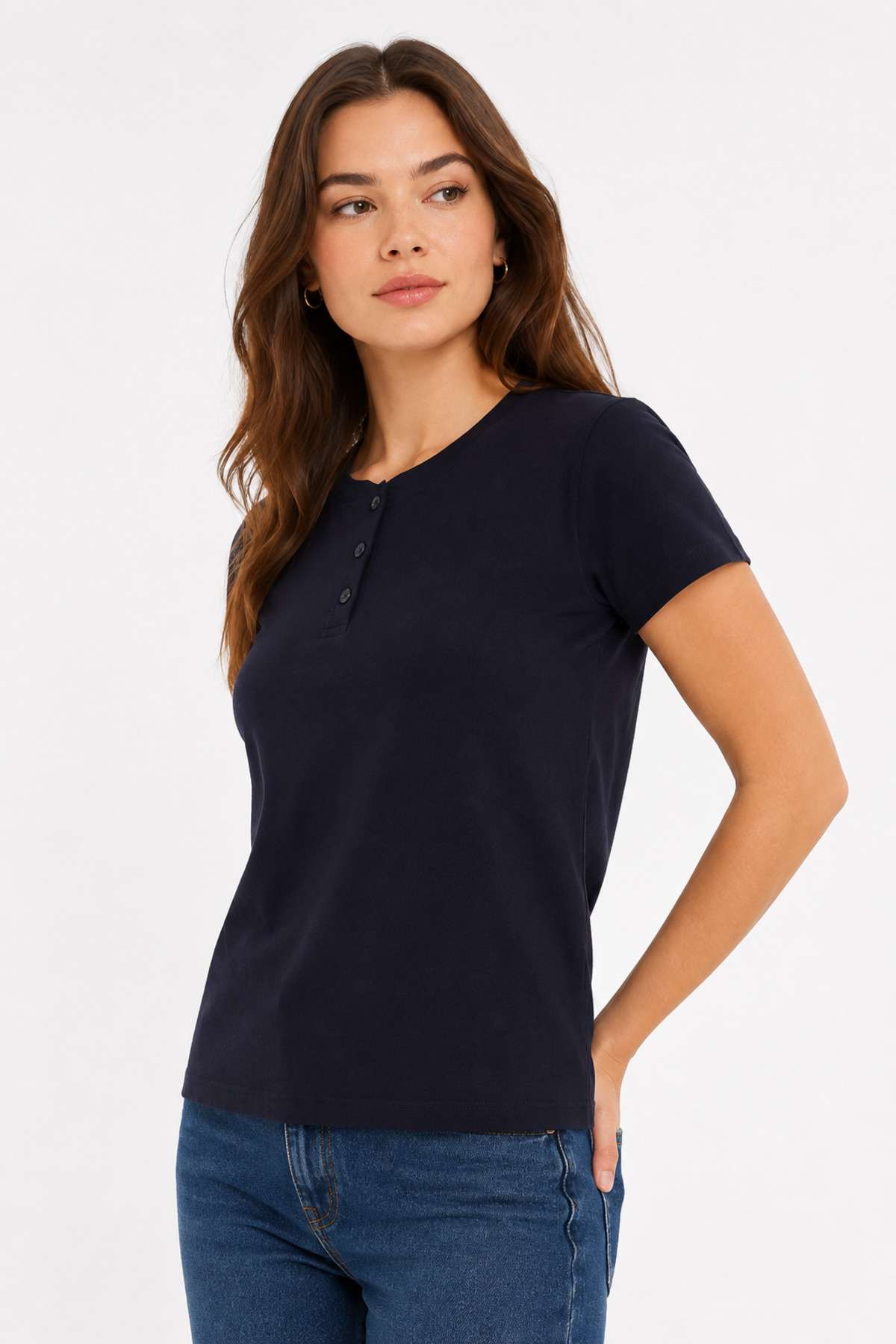 Unisex Siyah 3 Düğmeli Henley Yaka Kısa Kollu Basic Tişört Siyah