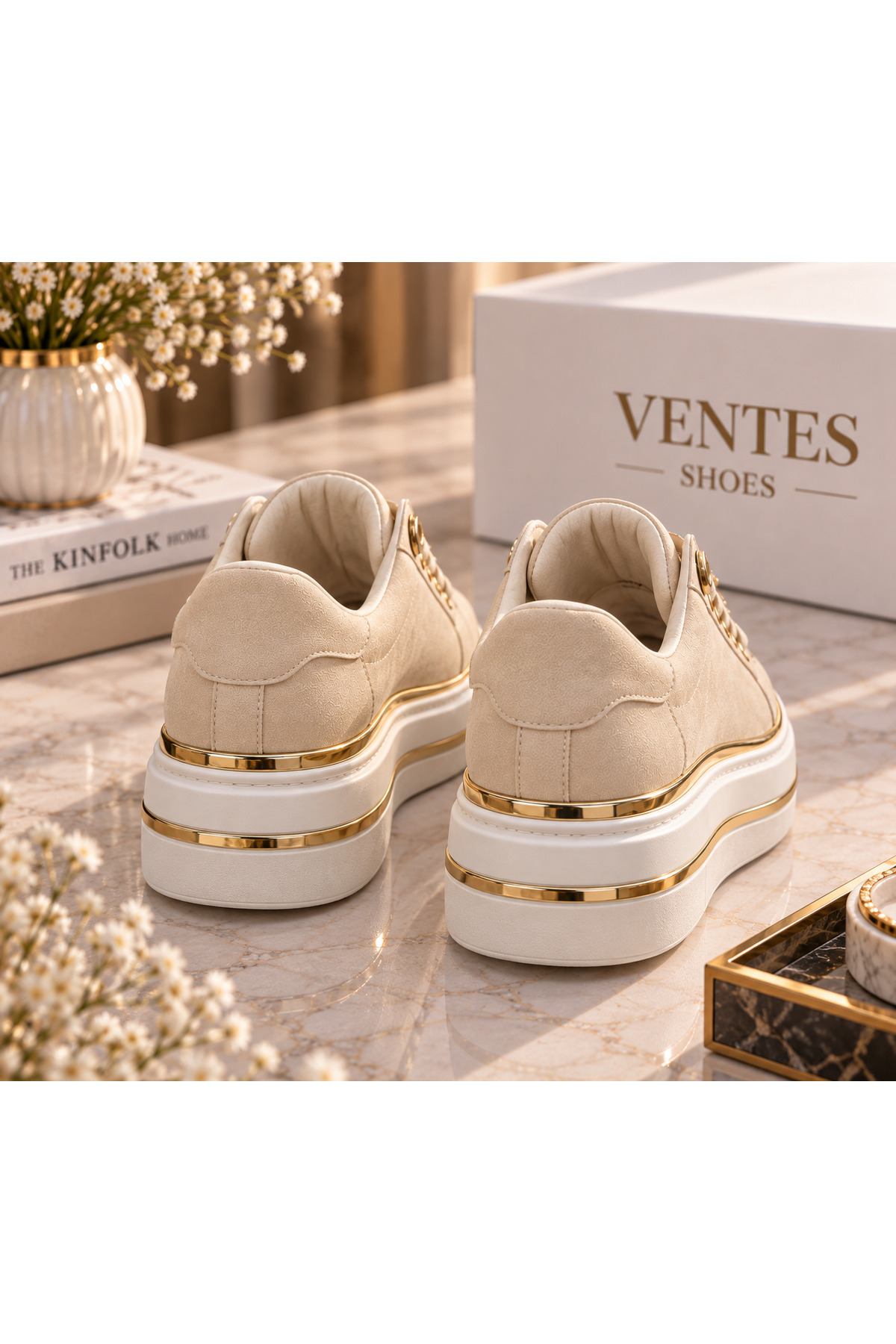 Ventes Kadın Taşlı Yıldız Detaylı Bağcıklı Gold Aksesuarlı Kalın Taban Sneaker Ayakkabı görsel 7