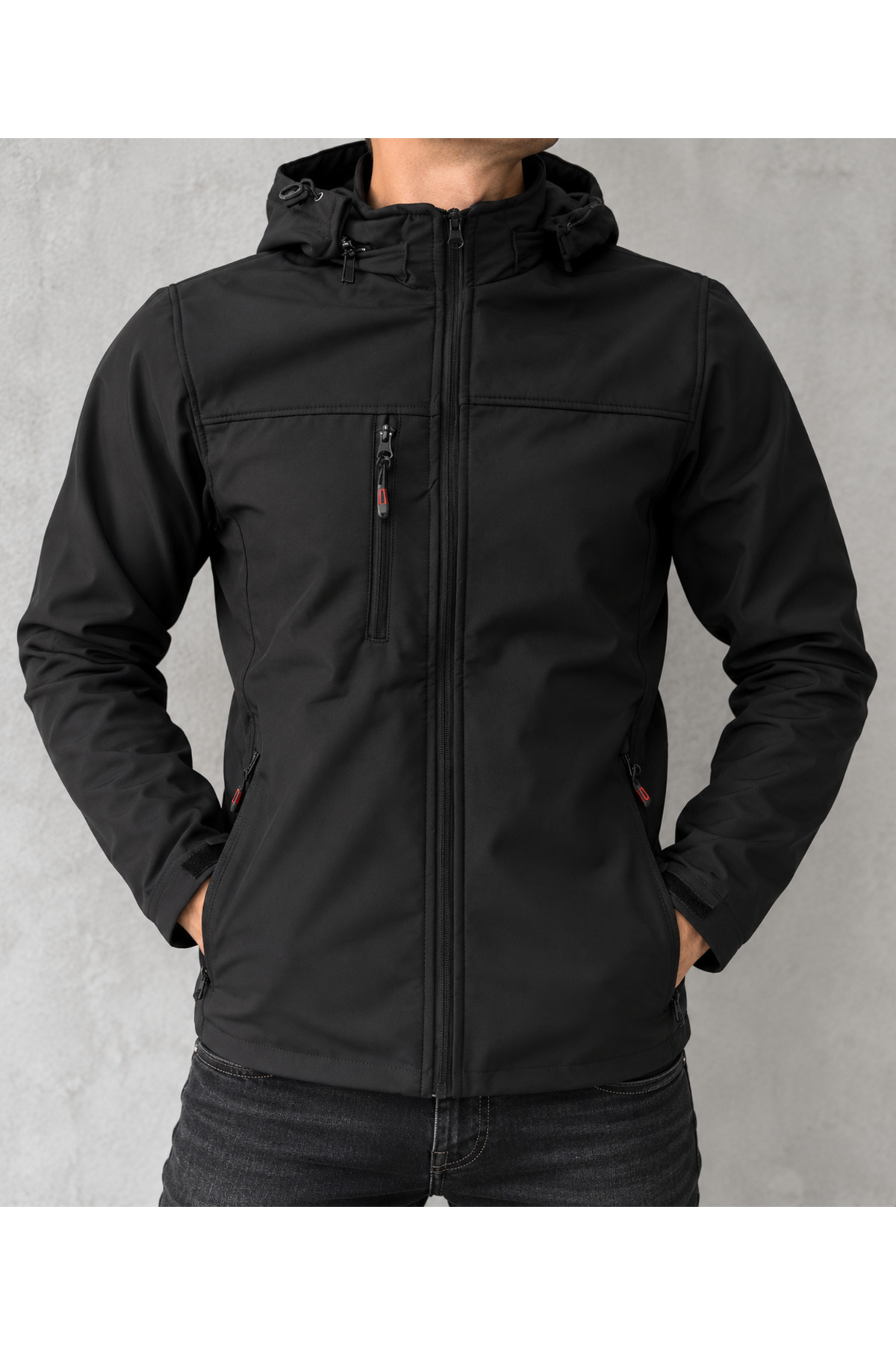 Erkek Softshell Kaban – Su İtici Rüzgar Koruyucu Kapüşonlu Outdoor İş Montu — مشکی SAR-21