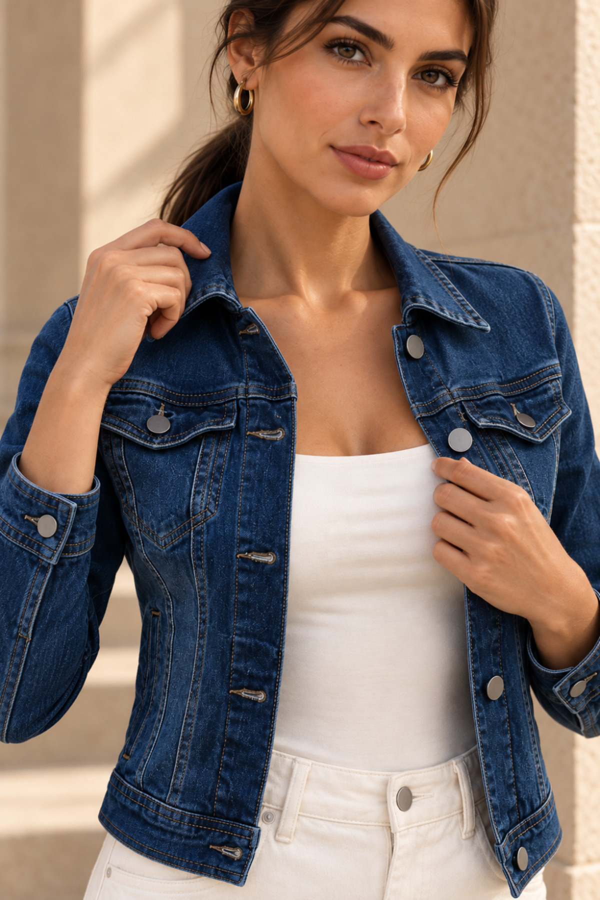 1434 Polo State Kadın Koyu Mavi Yıkamalı Slim Fit Kısa Denim Ceket görsel 3