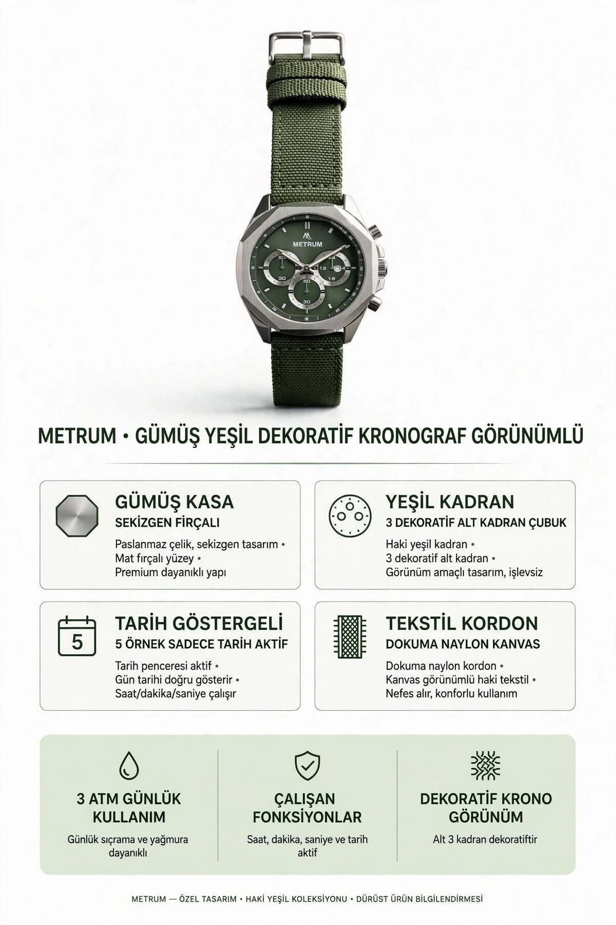METRUM MTR-838087 Erkek Kol Saati Yeşil Dokuma Kordon 43mm Quartz 3 ATM Su Geçirmez görsel 4