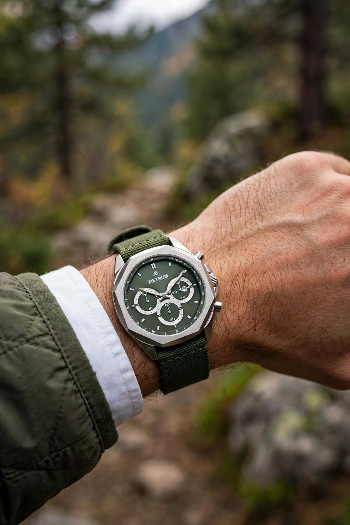 METRUM MTR-838087 Erkek Kol Saati Yeşil Dokuma Kordon 43mm Quartz 3 ATM Su Geçirmez görsel 3