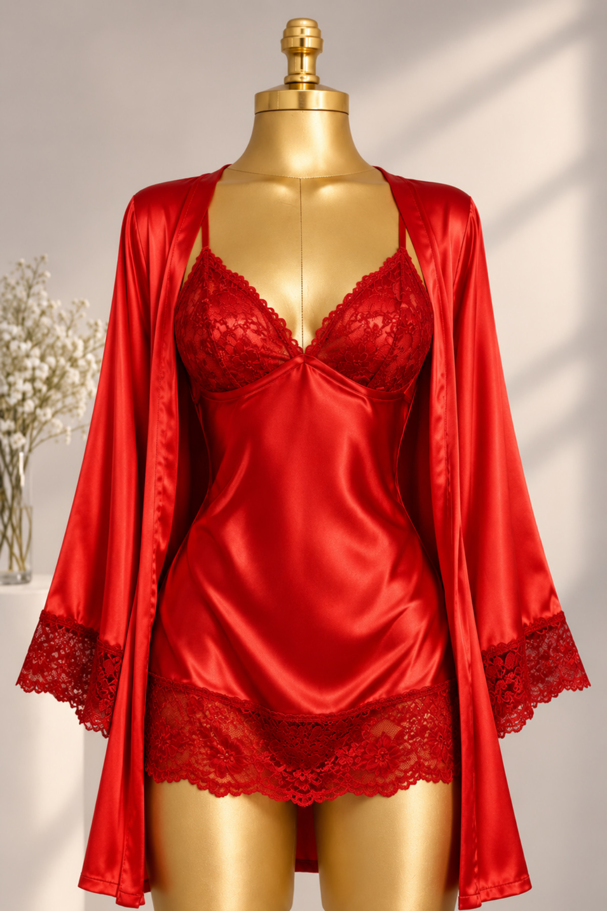 Visatin Lingerie Kadın Kırmızı Dantel Detaylı Saten Gecelik Sabahlık İkili Takım