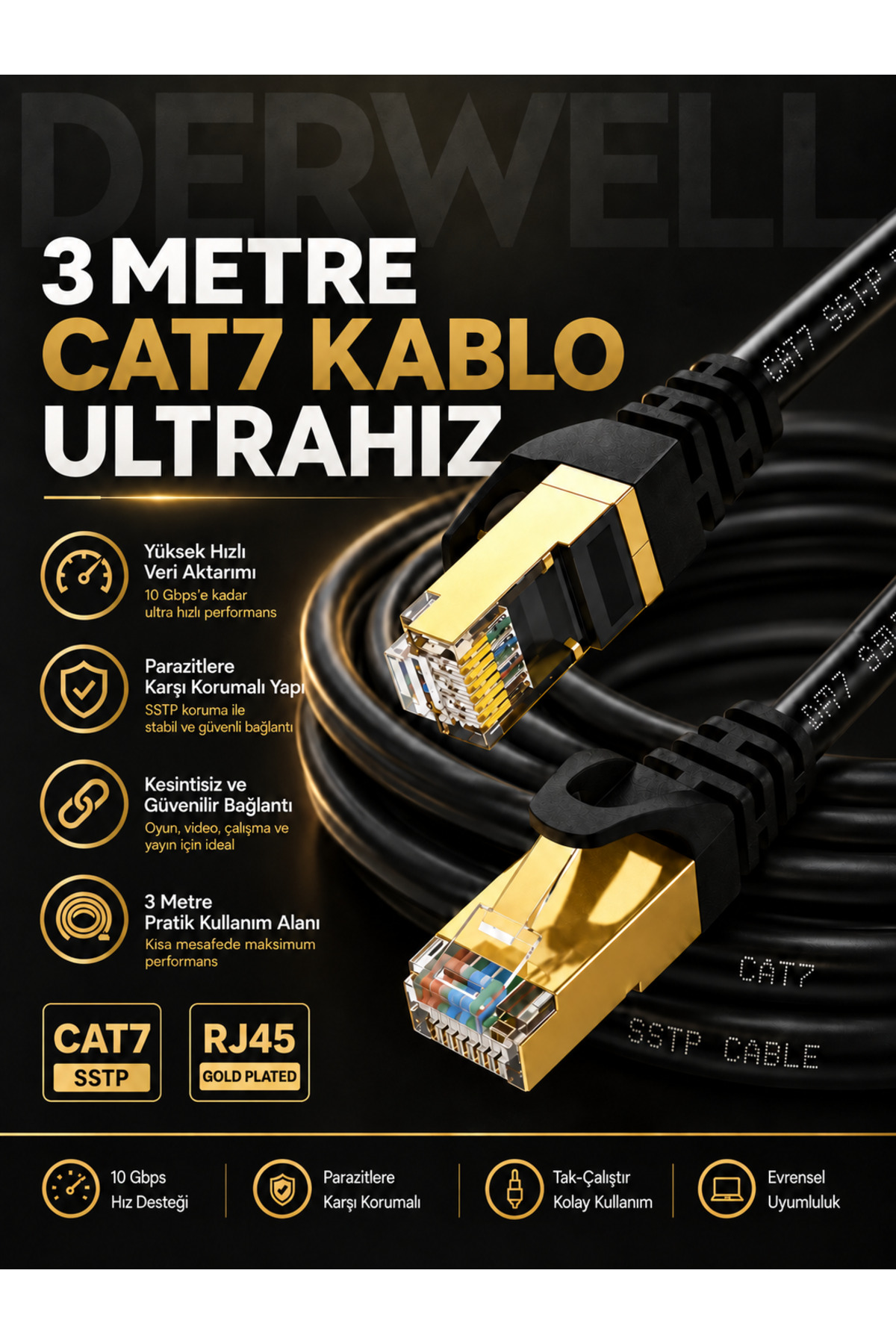3 METRE Cat7 Ultra Hızlı Ethernet Kablosu - 10 Gbps 600Mhz Patch Lan İnternet Kablosu, RJ45 Altın Kaplama Konnektör Uyumlu