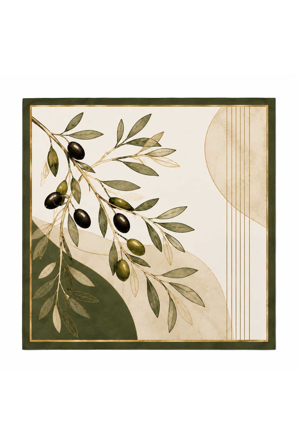 Mavero Zeytin Dalı Desenli 50x50 Haki Yeşil Kenar Detaylı Saten Kadın Fular Bandana