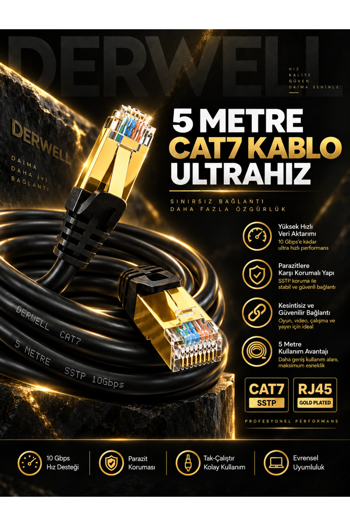 5 METRE Cat7 Ultra Hızlı Ethernet Kablosu - 10 Gbps 600Mhz Patch Lan İnternet Kablosu, RJ45 Altın Kaplama Konnektör Uyumlu
