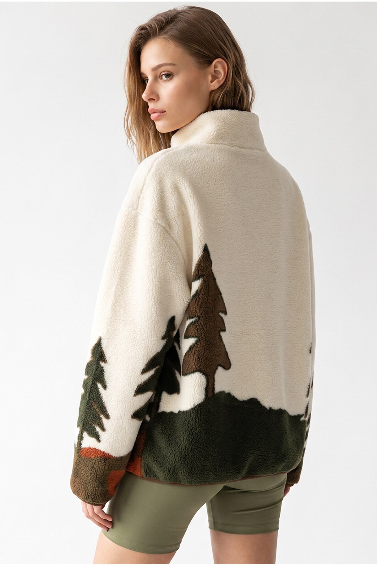 Mixray 4979 Kadın Çam ve Geyik Temalı Cepli Yarım Fermuar Yumuşak Dokulu Polar Sweatshirt görsel 6