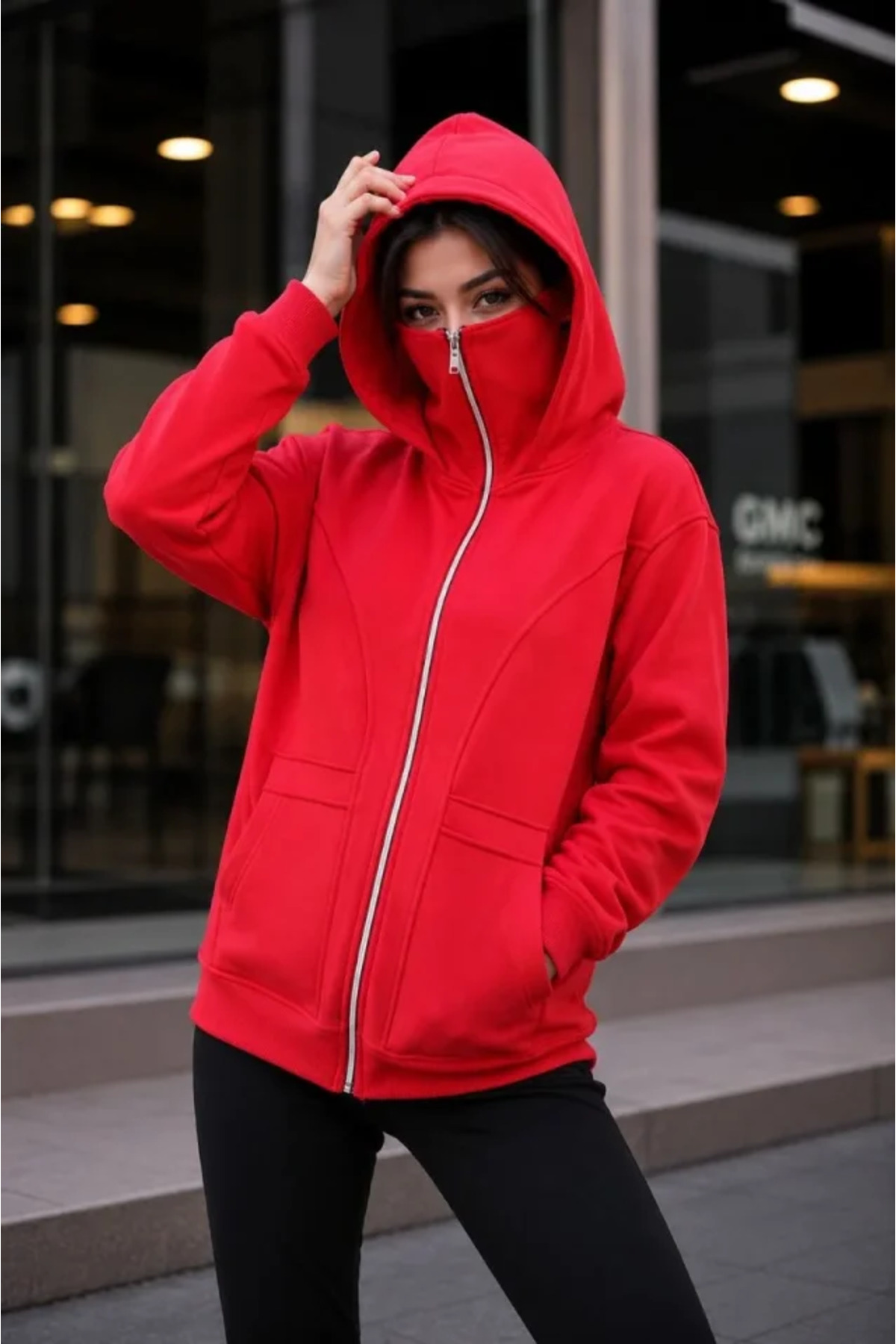 Maskeli Ninja Model Çift Kapüşonlu 3 İplik Şardonlu Fermuarlı Oversize Sweatshirt - Kırmızı