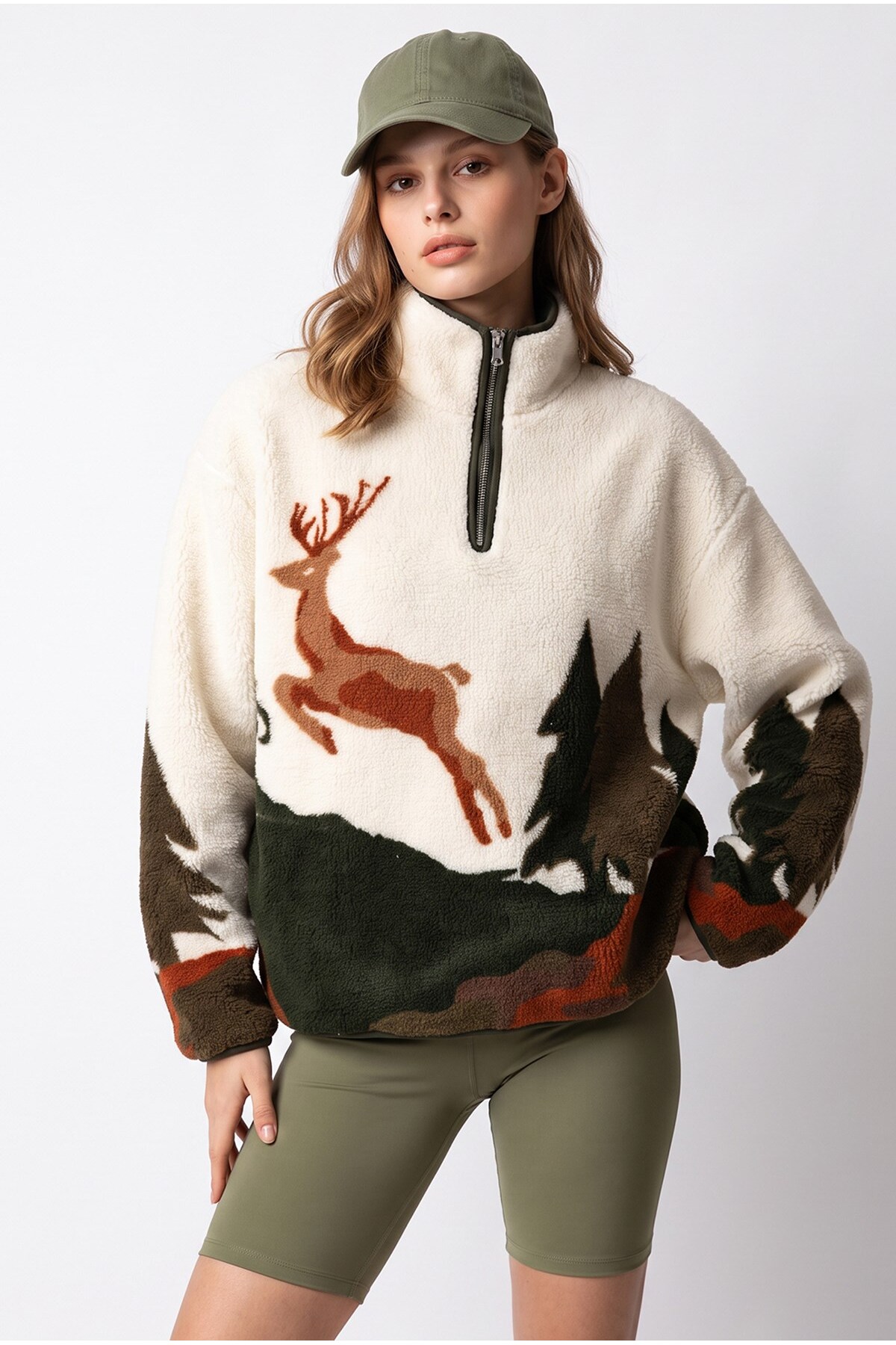Mixray 4979 Kadın Çam ve Geyik Temalı Cepli Yarım Fermuar Yumuşak Dokulu Polar Sweatshirt görsel 5