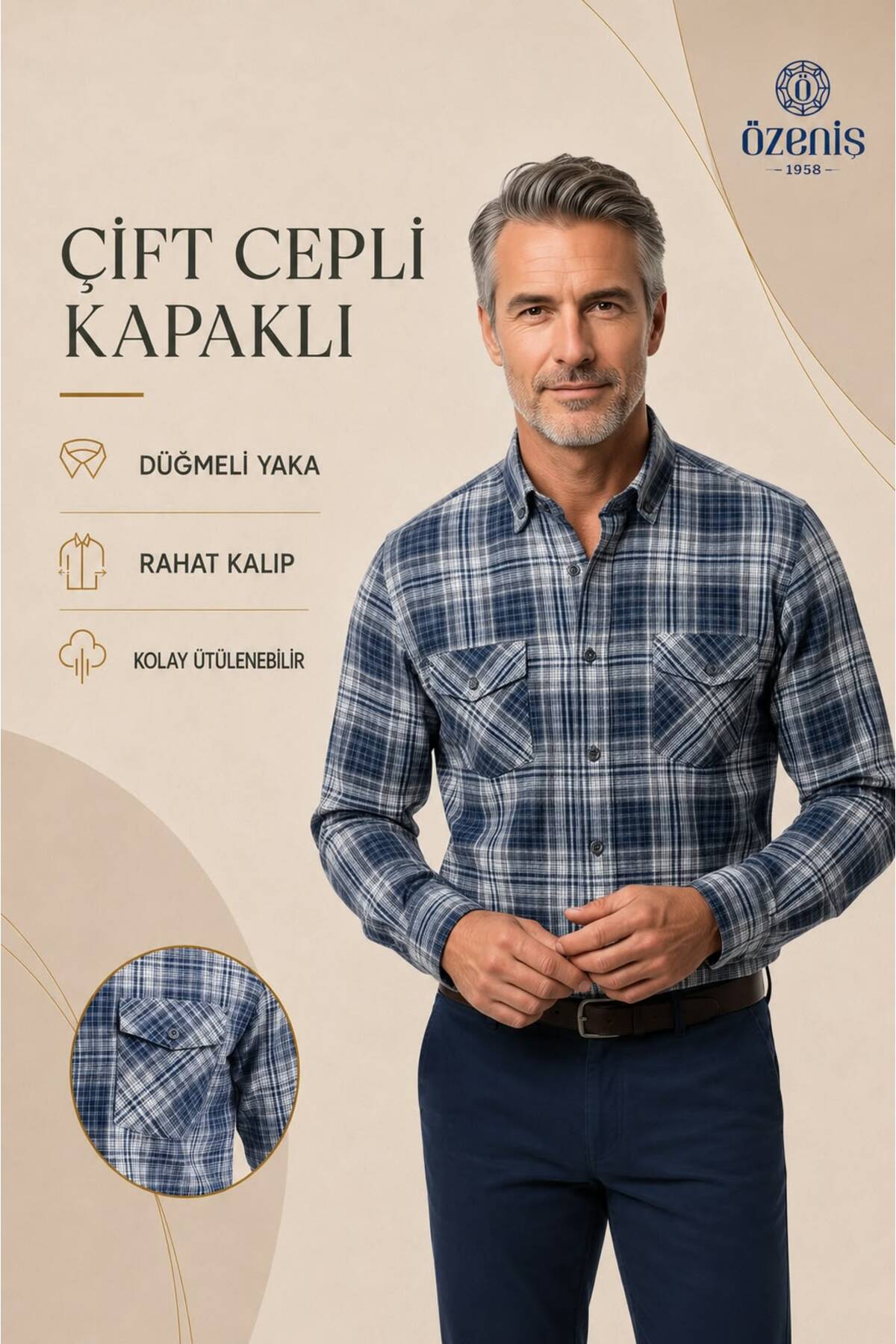 Erkek Çift Cepli Kapaklı Kareli Uzun Kollu Mevsimlik Ekose Gömlek — خاکستری Uznkapaklı002 — تصویر 4 از 5
