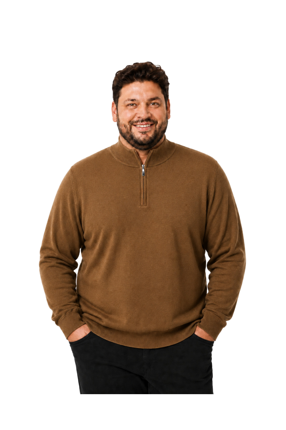 BattalModa Erkek Büyük Beden Kivi Kahvesi Fermuarlı Dik Yaka Pamuklu Kazak 3XL-4XL-5XL-6XL
