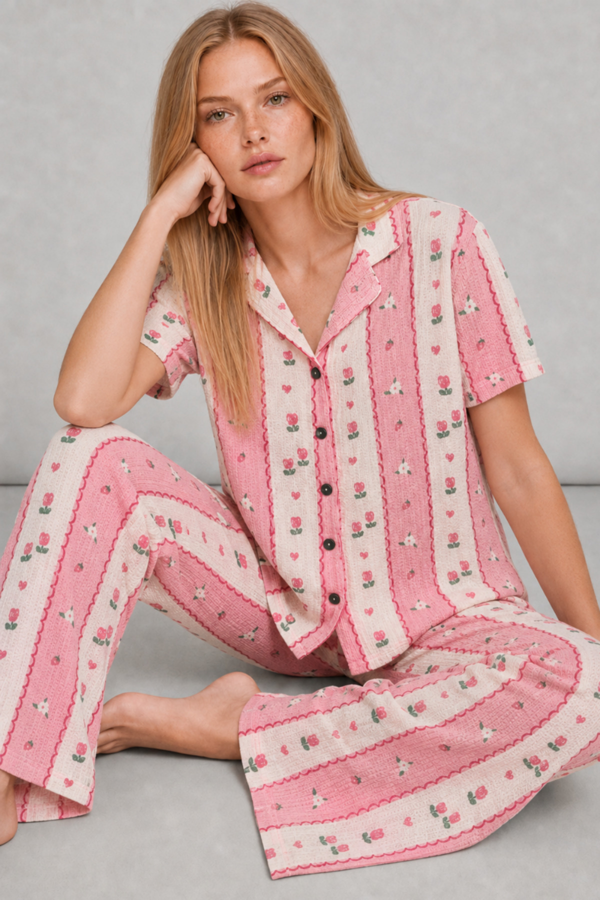 FİT WOMEN Kadın Kısa Kol Comfort Pembe Pijama Takımı 4738 görsel 2