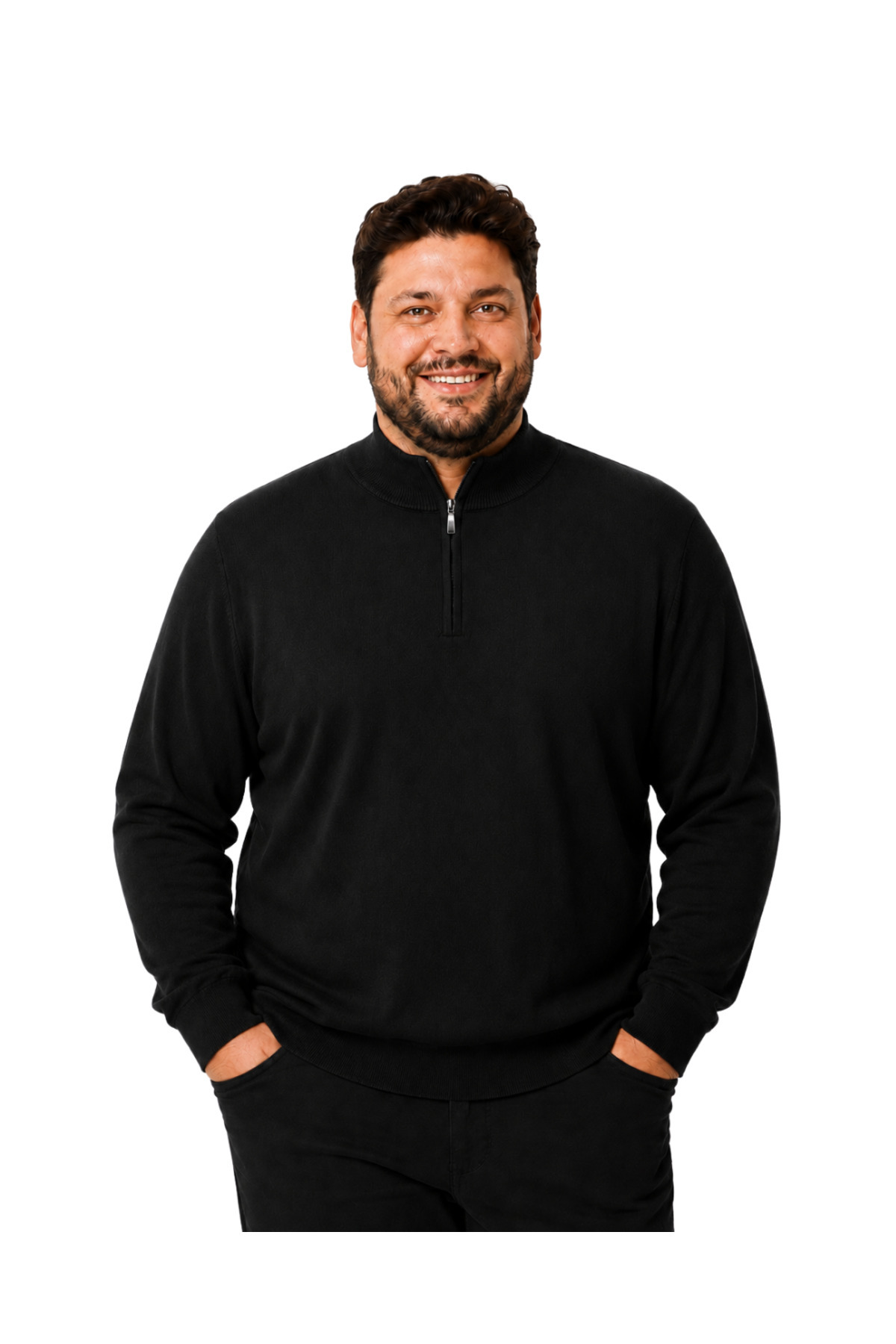 BattalModa Erkek Büyük Beden Siyah Fermuarlı Dik Yaka Pamuklu Kazak 3XL-4XL-5XL-6XL