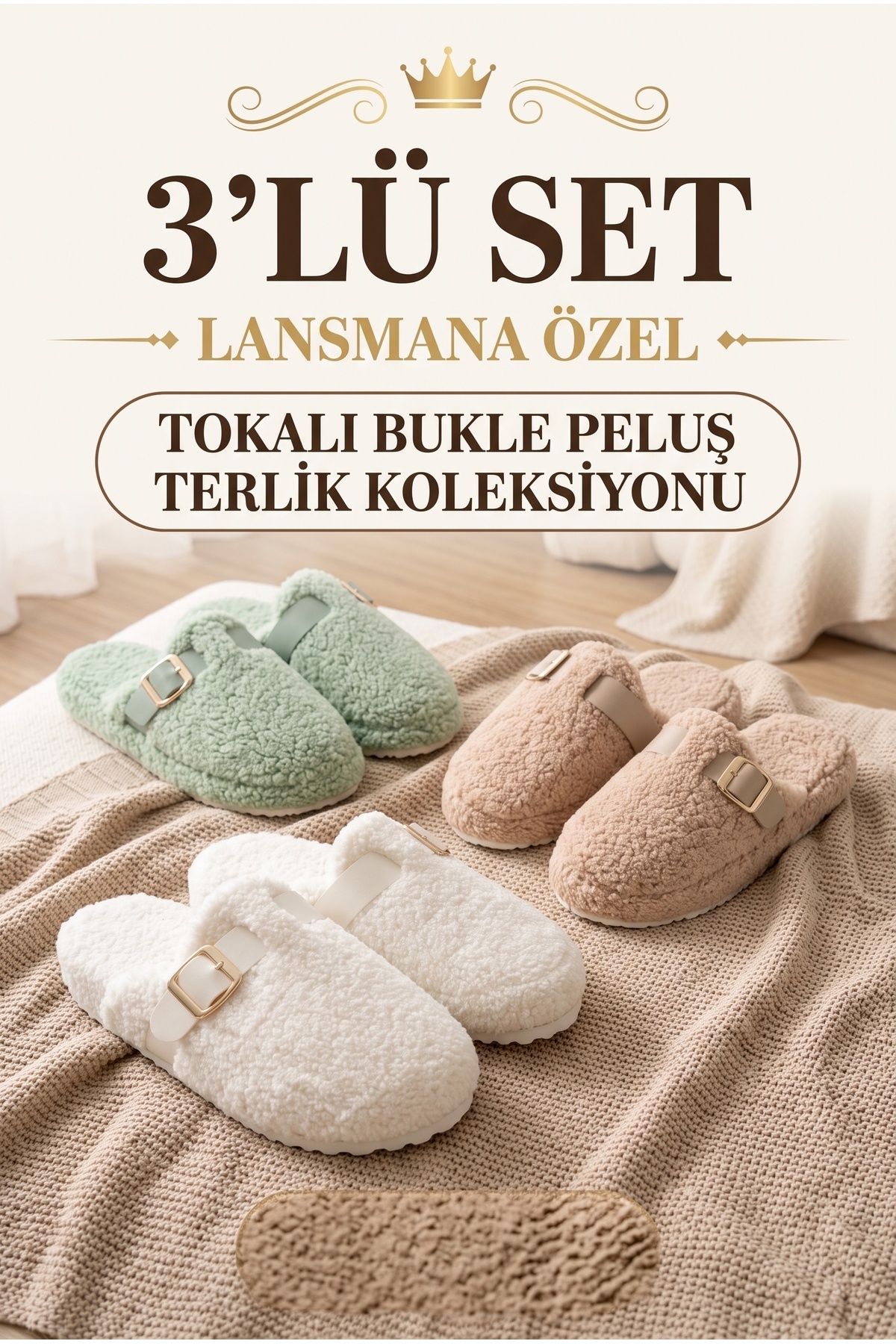 StWenn 3'lü Paket Ev Terliği Çeyiz Terliği Kışlık Terlik Ses Yapmaz Hafif Taban Taban görsel 2