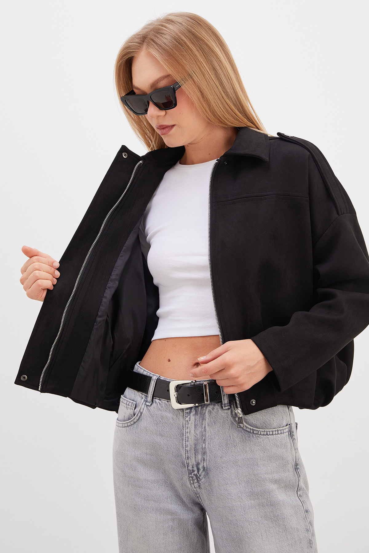 Fulla Moda Fermuarlı Polo Yaka Süet Bomber Ceket görsel 2