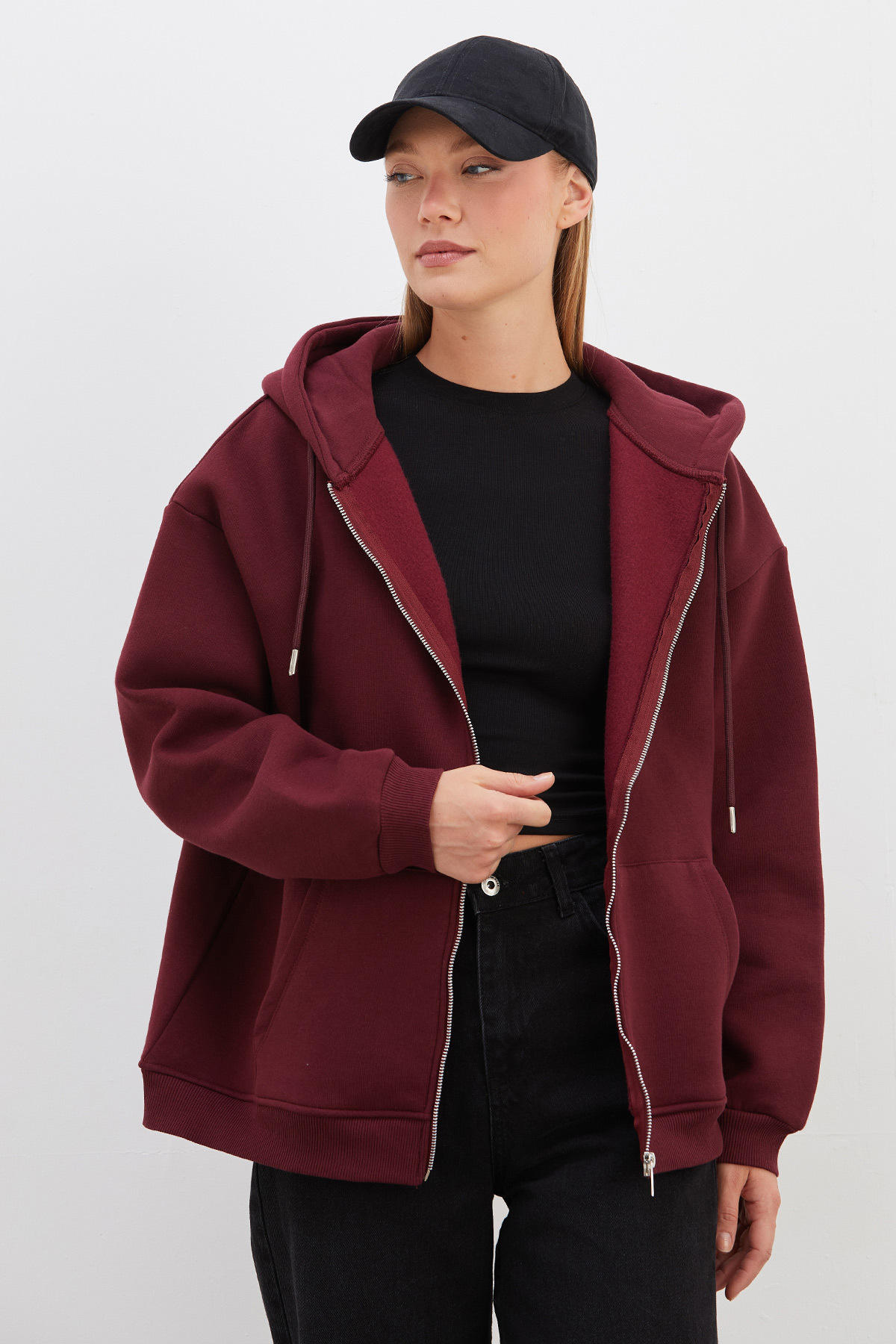 Fulla Moda 3 İplik Basic Fermuarlı Kapüşonlu Oversize Sweatshirt görsel 4