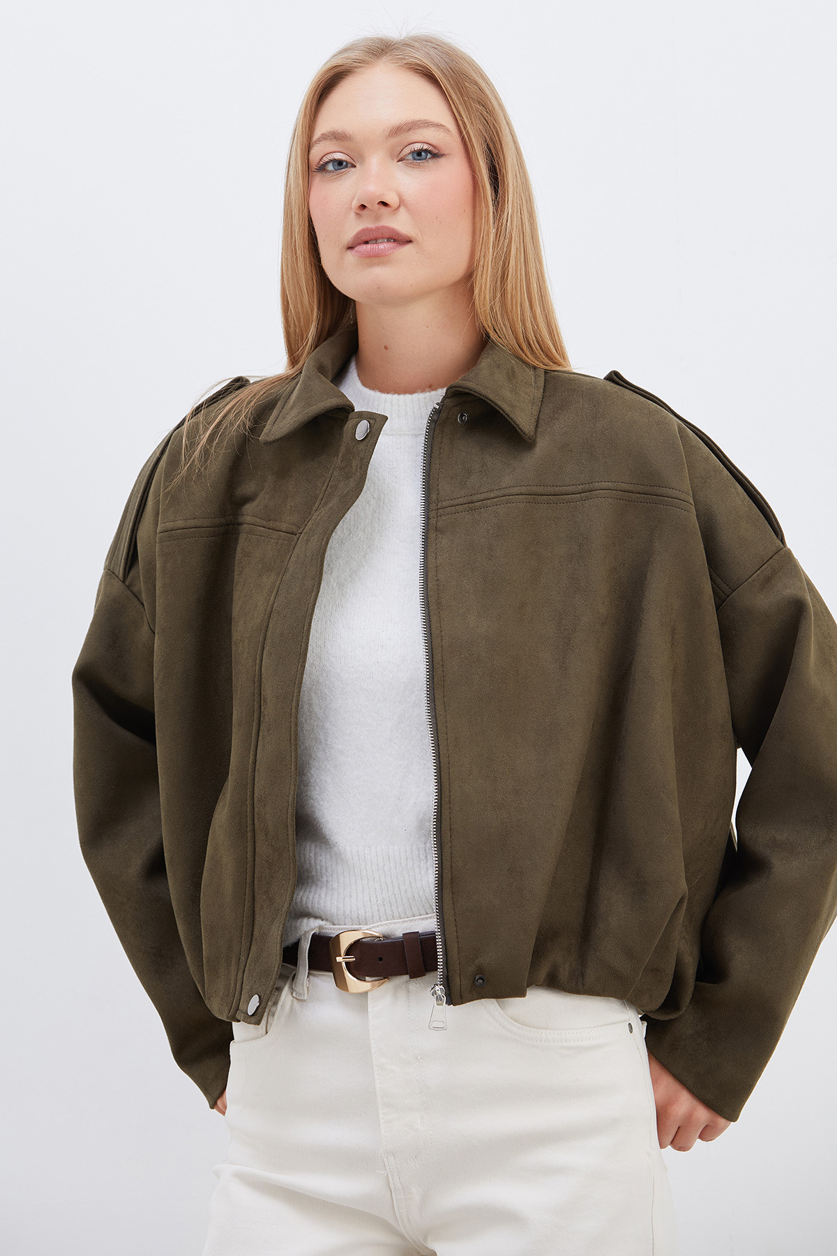 Fulla Moda Fermuarlı Polo Yaka Süet Bomber Ceket görsel 3