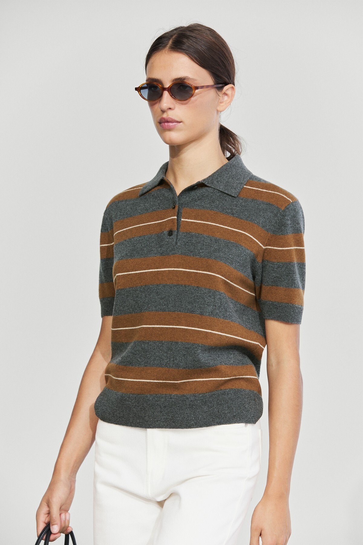 Massimo Dutti Çizgili kısa kollu yün triko polo görsel 2