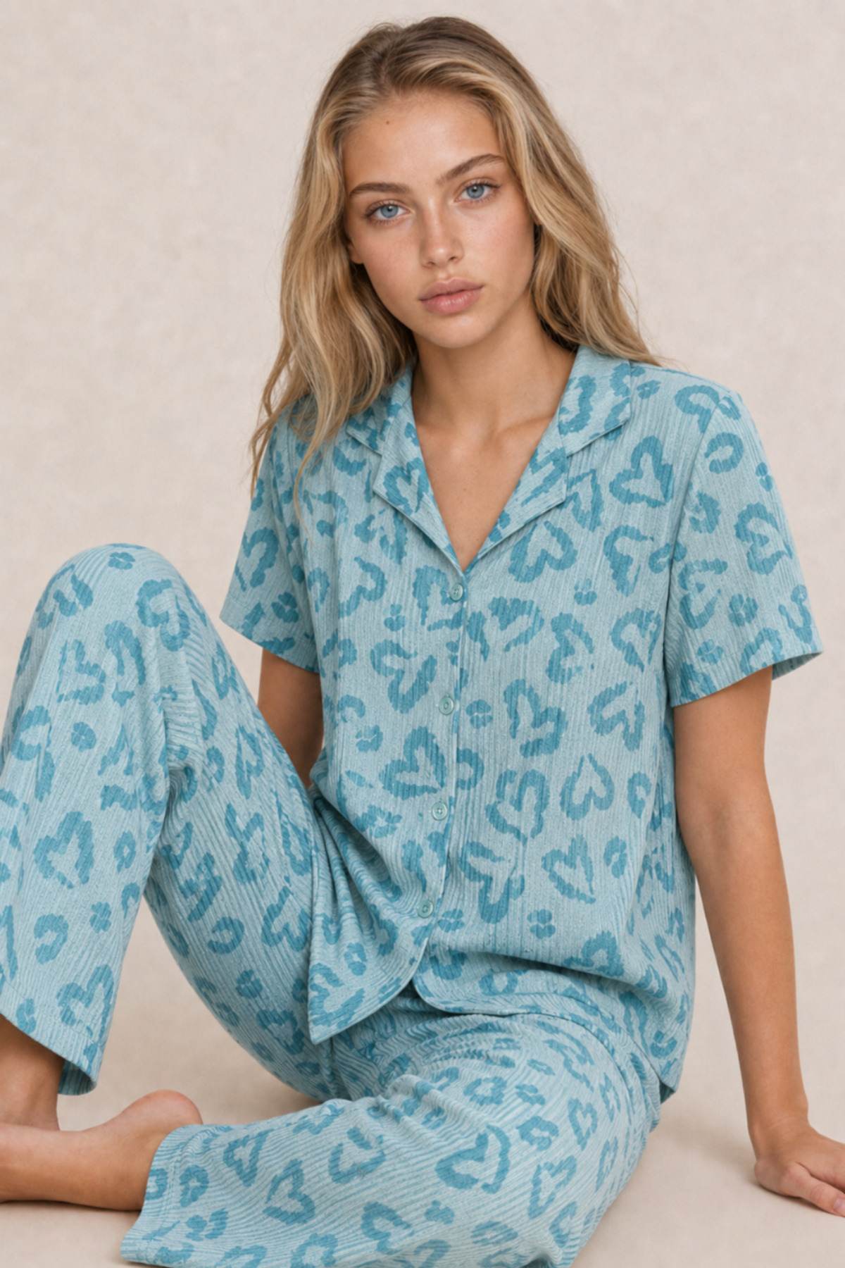 FİT WOMEN Kadın Kısa Kol Desenli Mint Pijama Takımı 4740 görsel 4