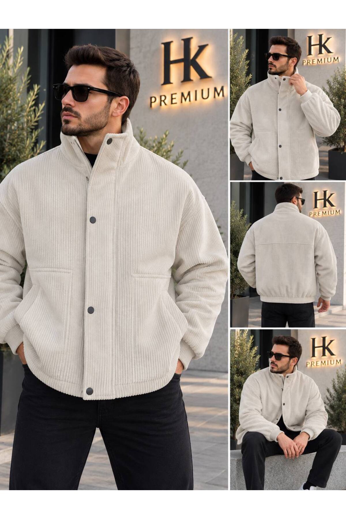 Erkek Fitilli Kadife Mont Astarsız Oversize Dik Yaka Çıtçıtlı Bomber Ceket — بژ 8234 — تصویر 4 از 6