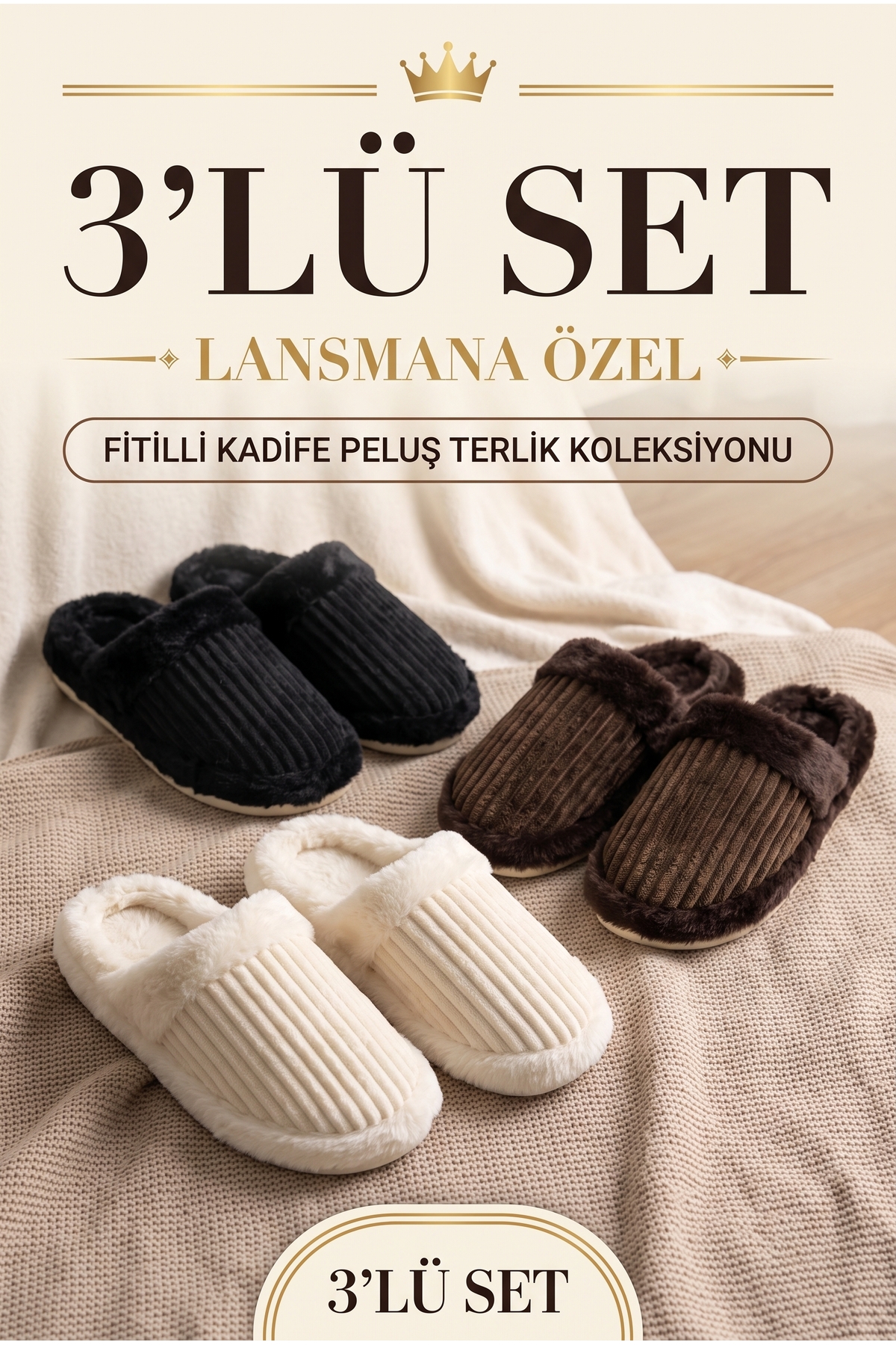 StWenn 3'lü Paket Ev Terliği Çeyiz Terliği Kışlık Terlik Ses Yapmaz Hafif Taban Taban