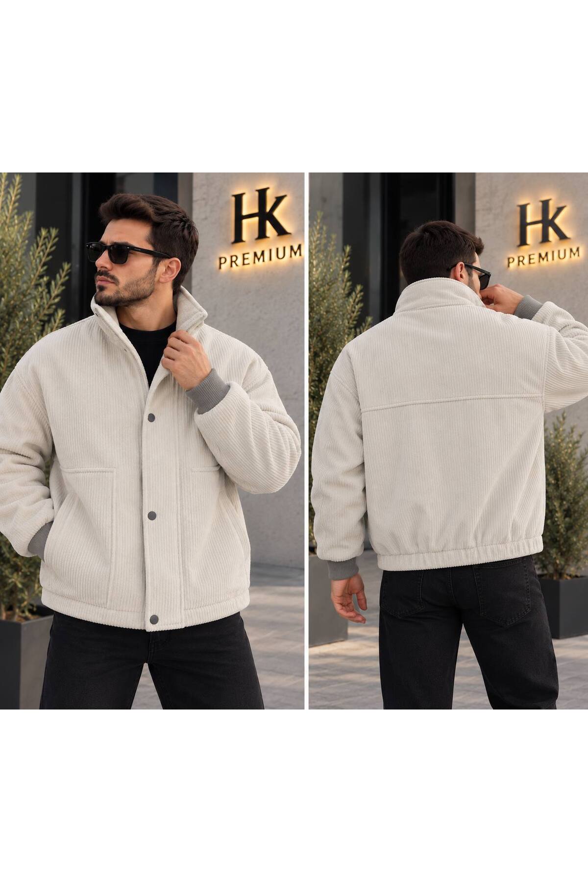 Erkek Fitilli Kadife Mont Astarsız Oversize Dik Yaka Çıtçıtlı Bomber Ceket — بژ 8234