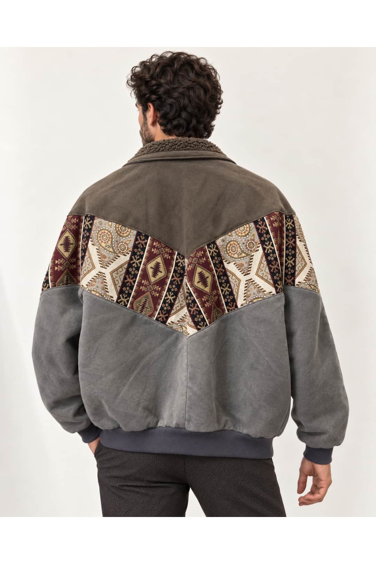 CANMODA (8026) Recien Unisex Kürklü Yaka Vintage Aztek Ceket Oversize 90lar Mont 2XLarge / 3XLarge Uyumlu görsel 2