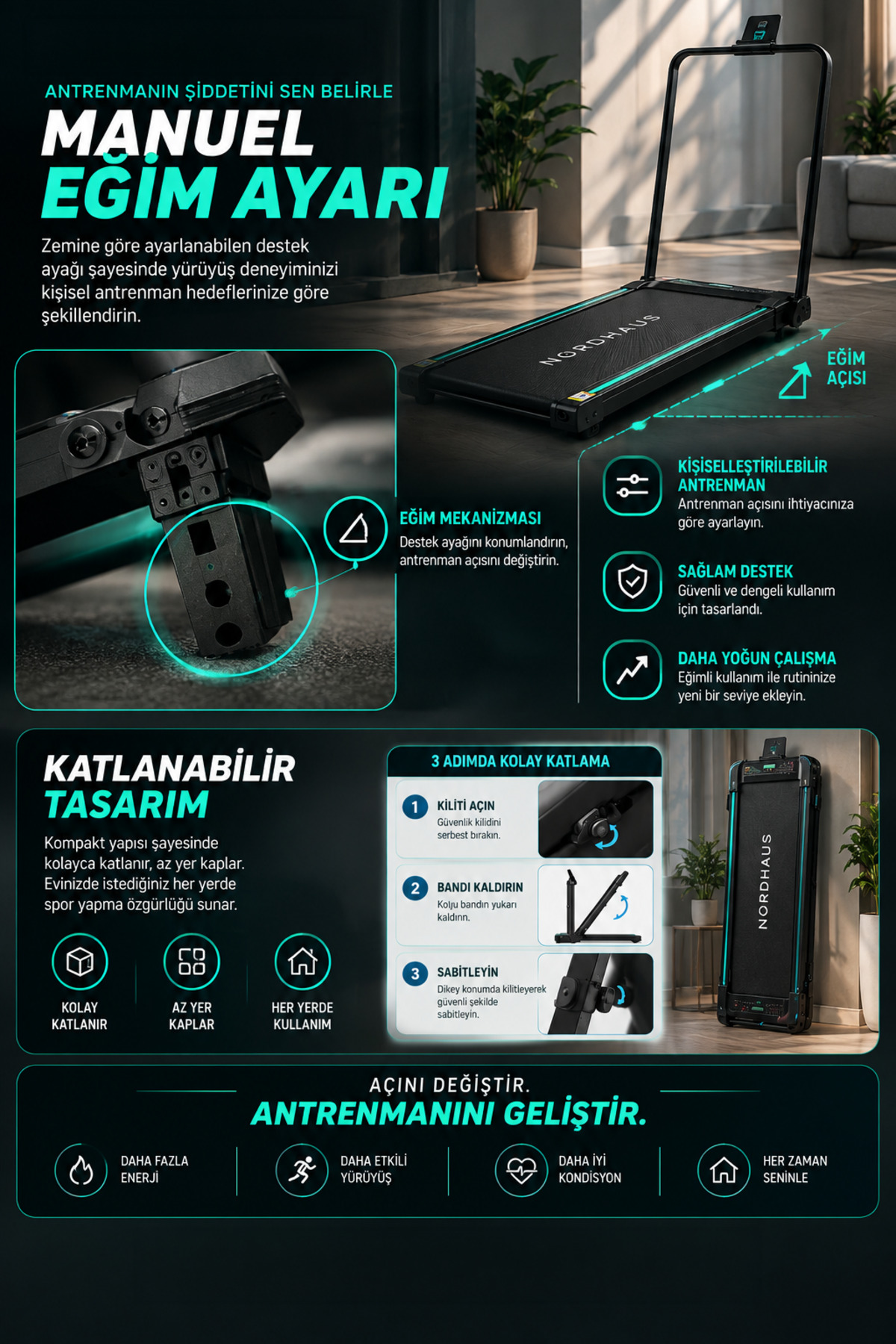 ESTİ Titreşim Modlu Yürüyüş ve Koşu Bandı – Katlanabilir, Bluetooth Hoparlörlü, Manuel Eğim - Turkuaz