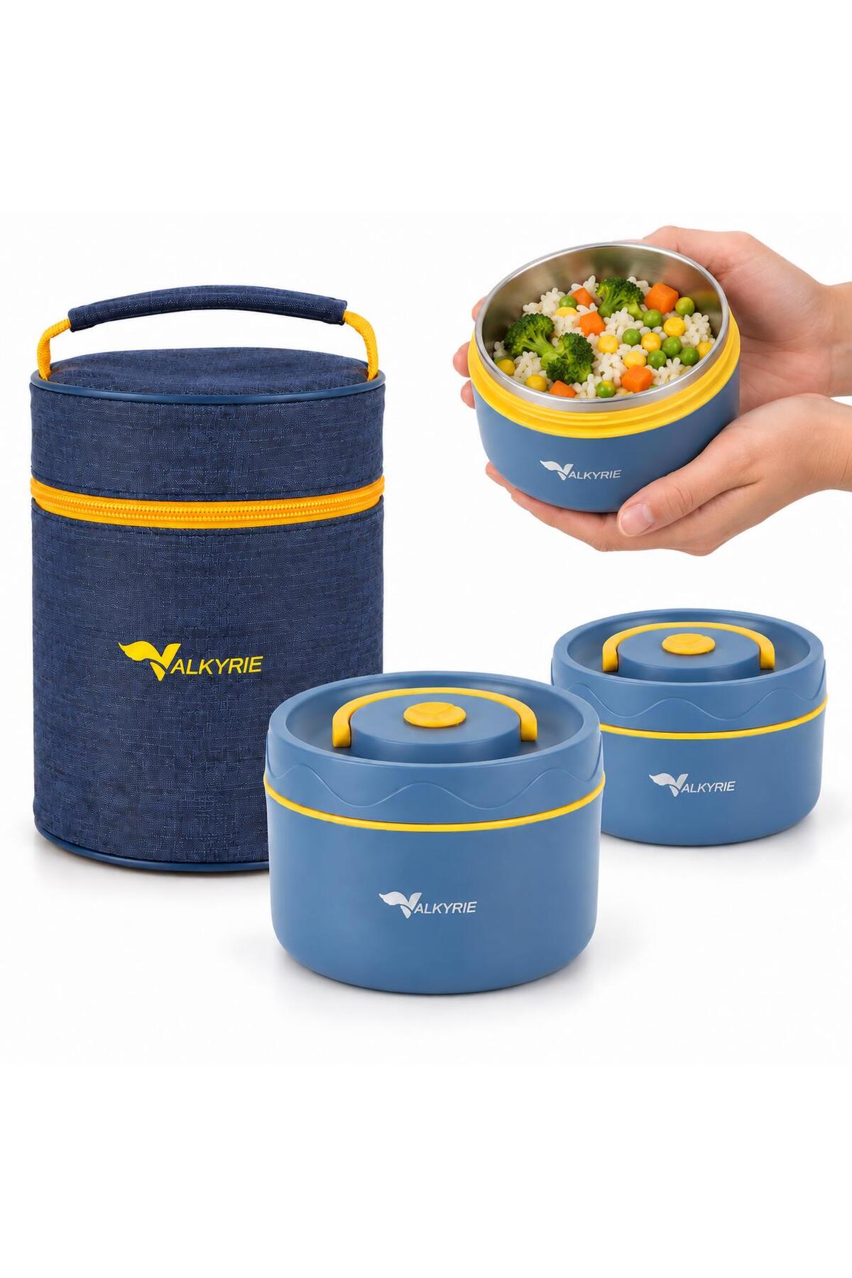 valkyrie 2 Katlı Taraftar 304 Paslanmaz Çelik Yemek Termosu 420+550 ml Isı Yalıtımlı Çantalı Lacivert