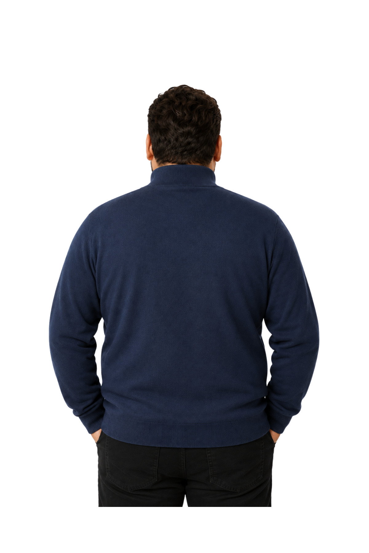 BattalModa Erkek Büyük Beden Koyu İndigo Fermuarlı Dik Yaka Pamuklu Hırka 3XL-4XL-5XL-6XL görsel 3