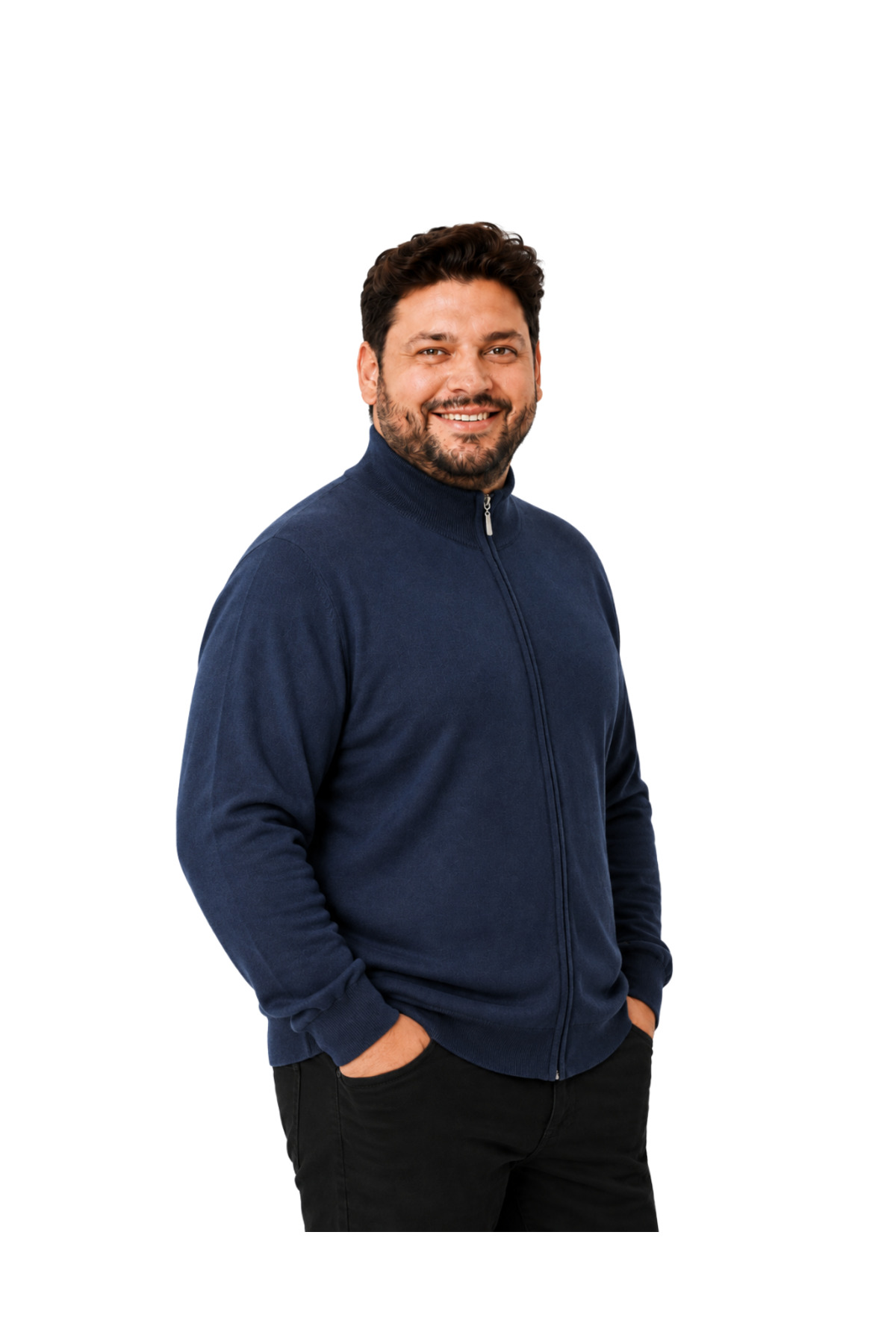 BattalModa Erkek Büyük Beden Koyu İndigo Fermuarlı Dik Yaka Pamuklu Hırka 3XL-4XL-5XL-6XL görsel 2