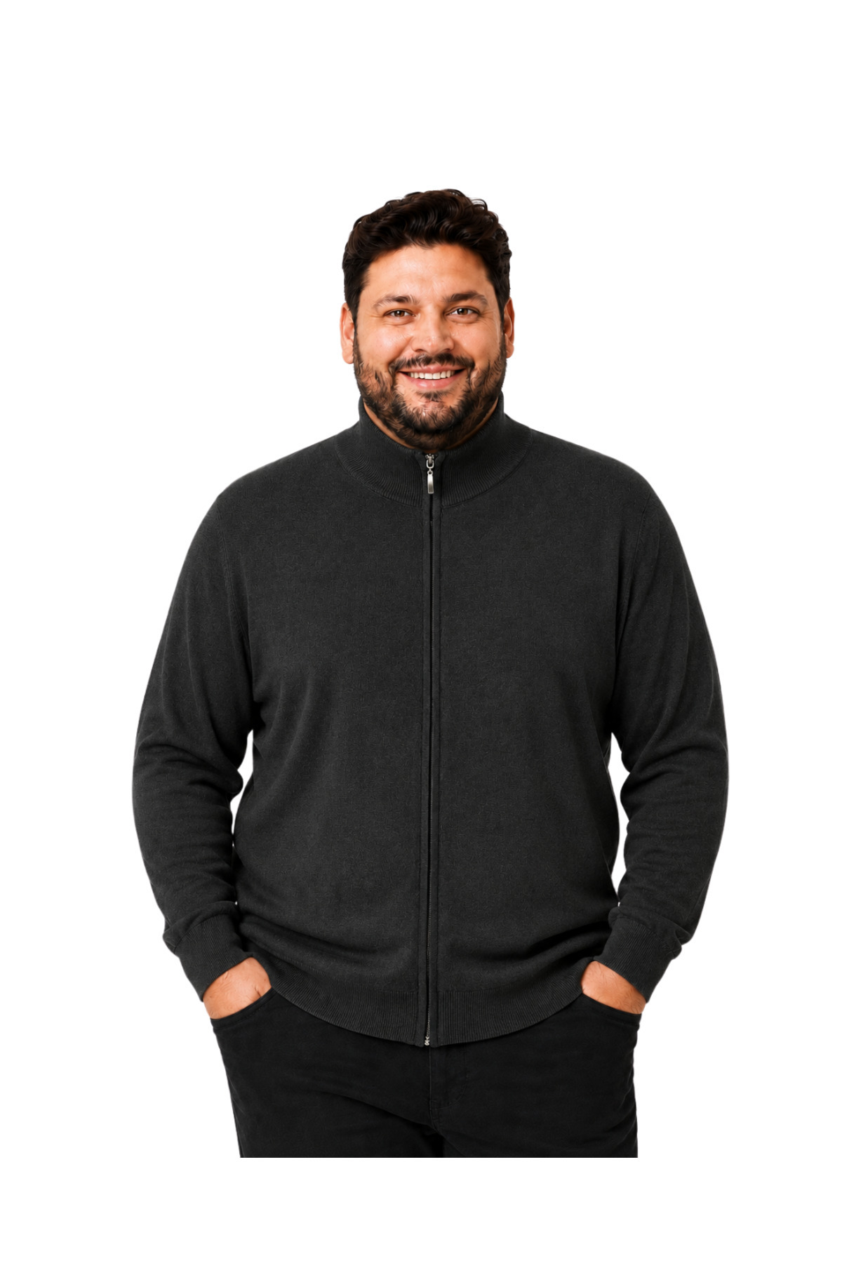 BattalModa Erkek Büyük Beden Antrasit Fermuarlı Dik Yaka Pamuklu Hırka 3XL-4XL-5XL-6XL