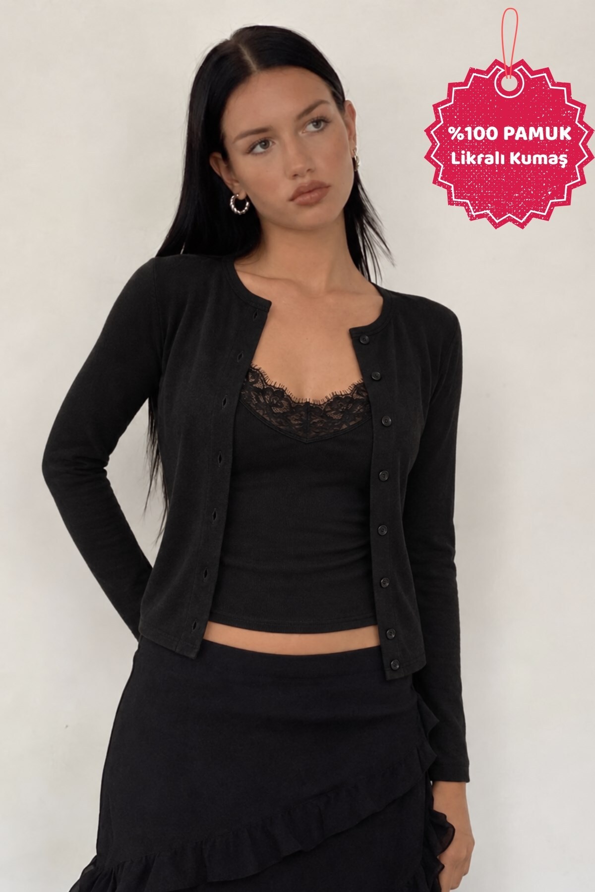The Champ Clothing Kadın Lagur Dantel Detaylı Atlet Görünümlü Siyah Bluz Hırka, Düğmeli, Uzun Kollu, 100% Pamuk