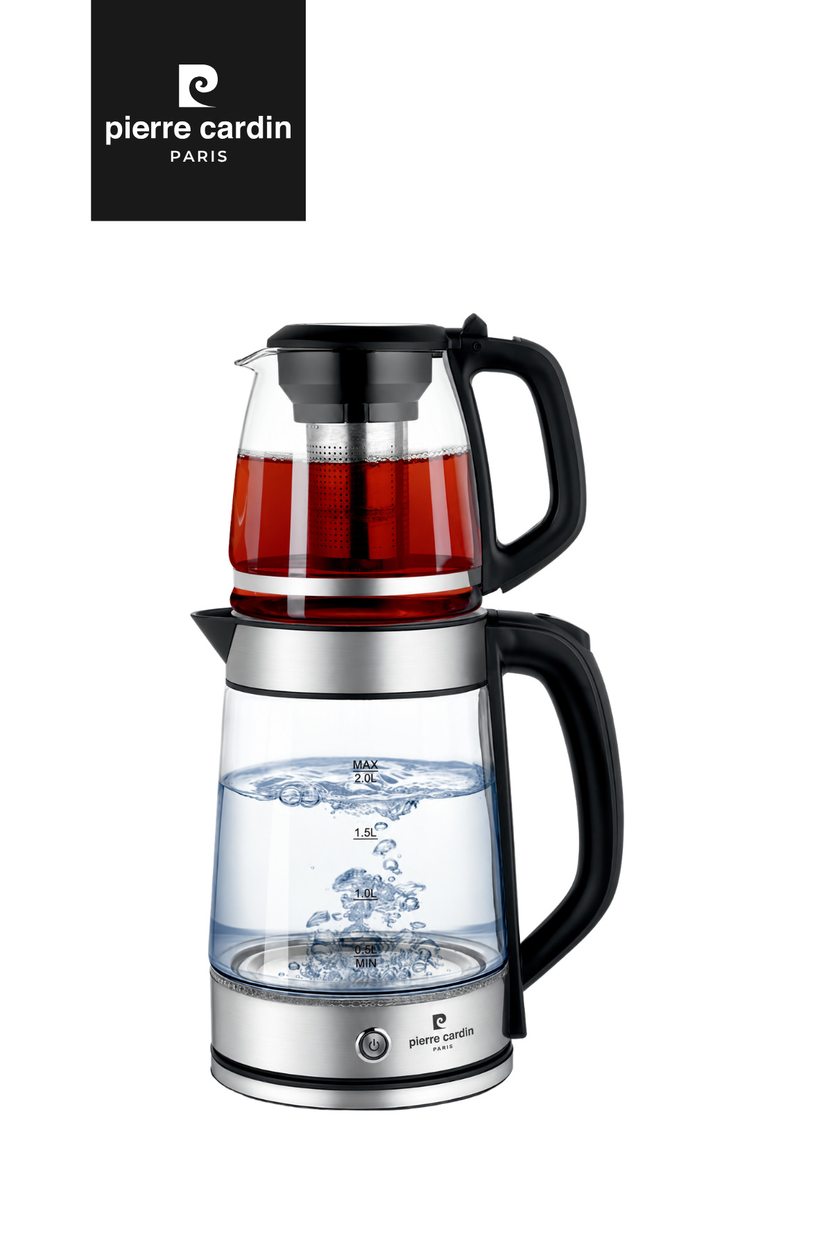Pierre Cardin Cam Çay Makinesi - 1500W, 1.2 L Demlik Kapasitesi, 2 L Su Isıtıcı Kapasitesi, Paslanmaz Çelik Dış Gövde