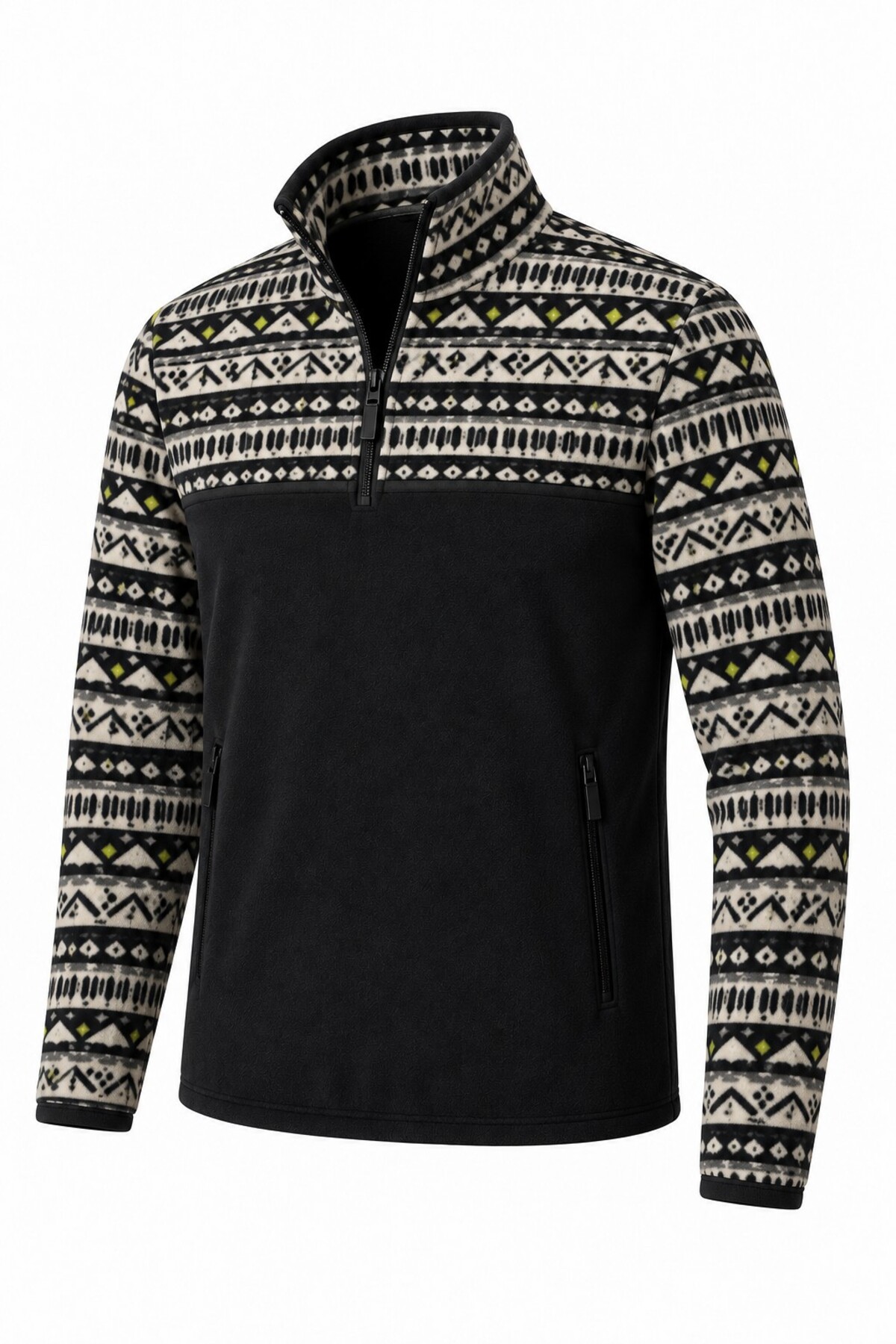 GHASSY CO . Erkek Etnik Desenli 1/4 Zip Yarım Fermuarlı Cepli Polar Outdoor Günlük Kullanım — رنگارنگ 869866344
