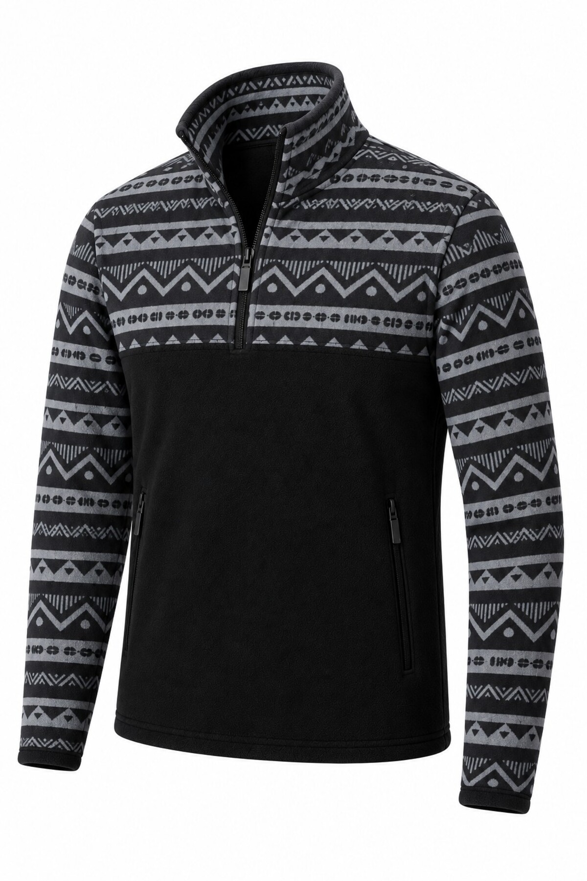 GHASSY CO . Erkek Etnik Desenli 1/4 Zip Yarım Fermuarlı Cepli Polar Outdoor Günlük Kullanım