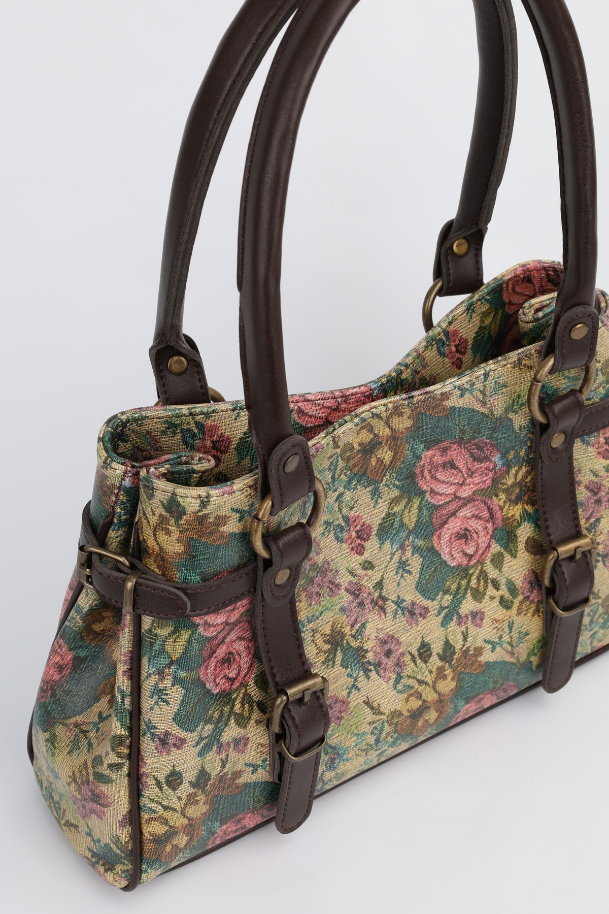 NOTHING Kadın Retro Floral Desenli Tokalı Kemer Detaylı Gold Vintage Aksesuarlı El Omuz Çantası Primood görsel 6