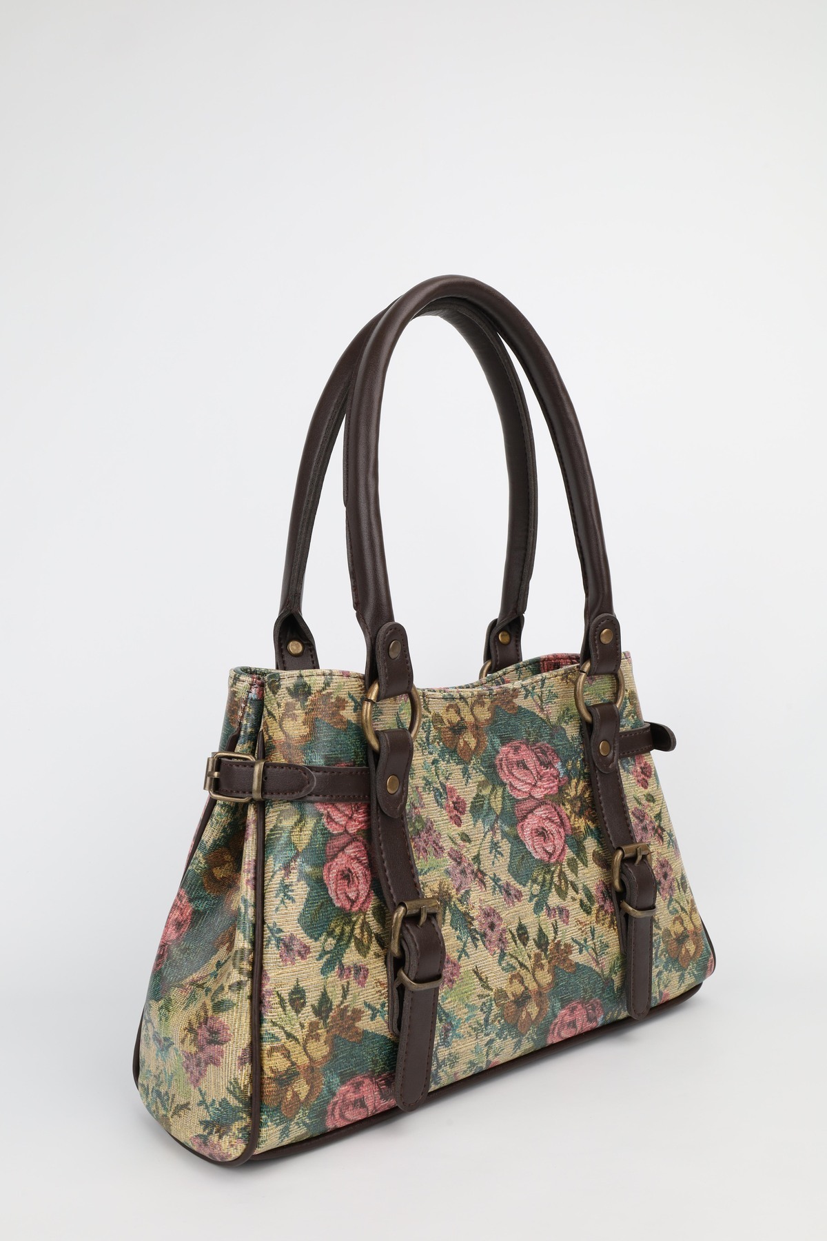 NOTHING Kadın Retro Floral Desenli Tokalı Kemer Detaylı Gold Vintage Aksesuarlı El Omuz Çantası Primood görsel 3