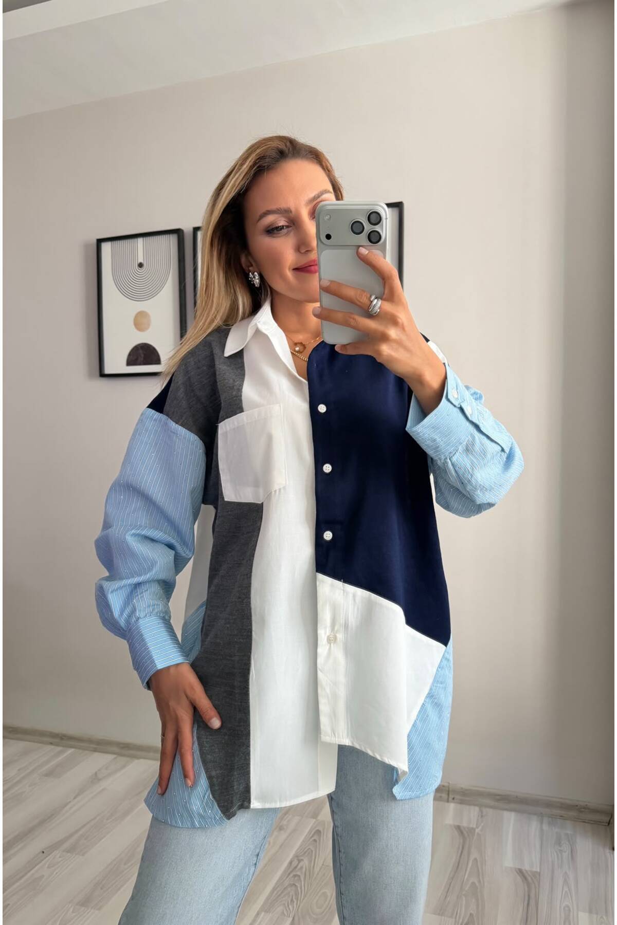 İNVİSUS Triko Detaylı Tasarım Oversize Poplin Gömlek
