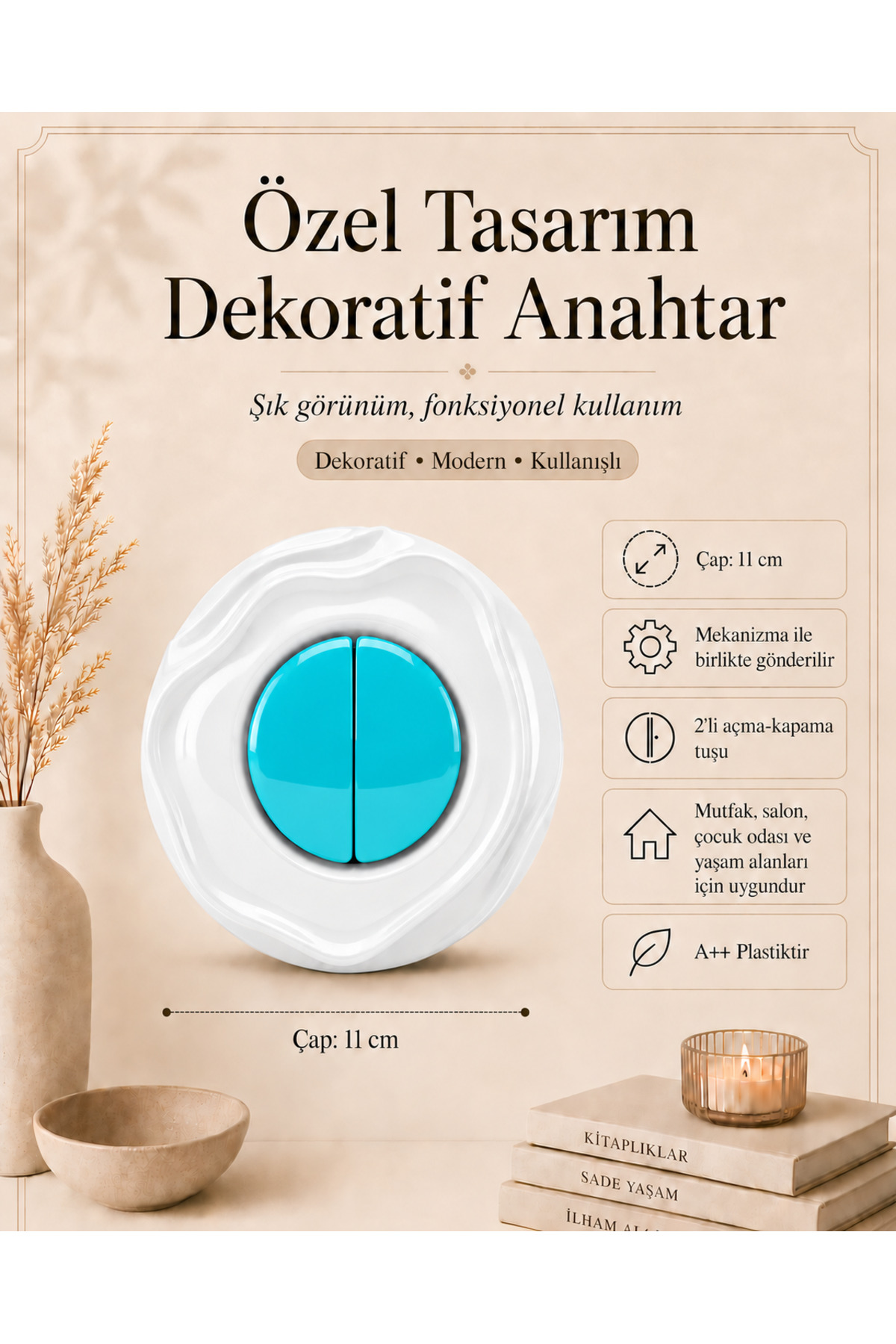 Özel Tasarım Wavy Serisi Dış Beyaz İç Turkuaz Dekoratif Komütatör Anahtar A Kalite Plastik (Mekanizma Dahildir)