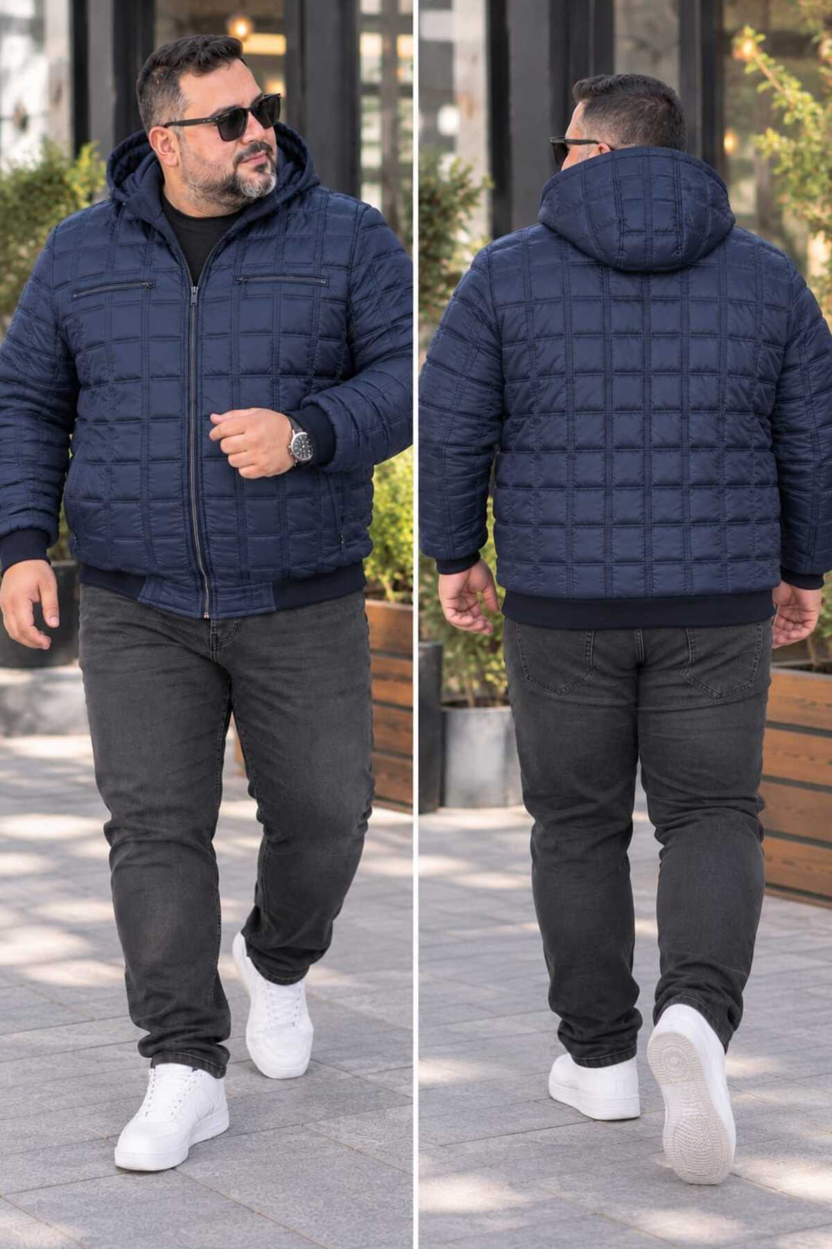 OKER Büyük Beden Erkek Seyyar Kapüşonlu Kapitone Mont, Kol VE Bel Lastikli görsel 7