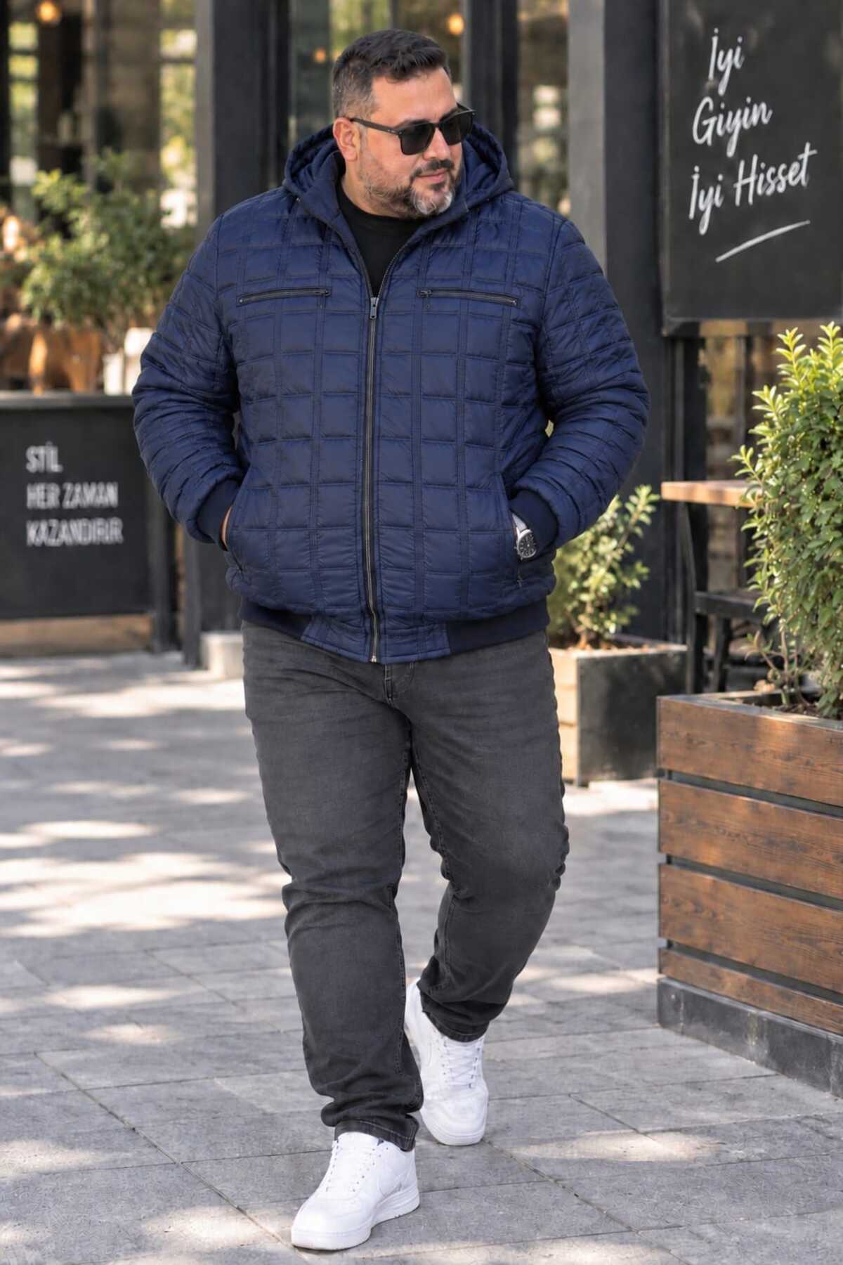 OKER Büyük Beden Erkek Seyyar Kapüşonlu Kapitone Mont, Kol VE Bel Lastikli görsel 5