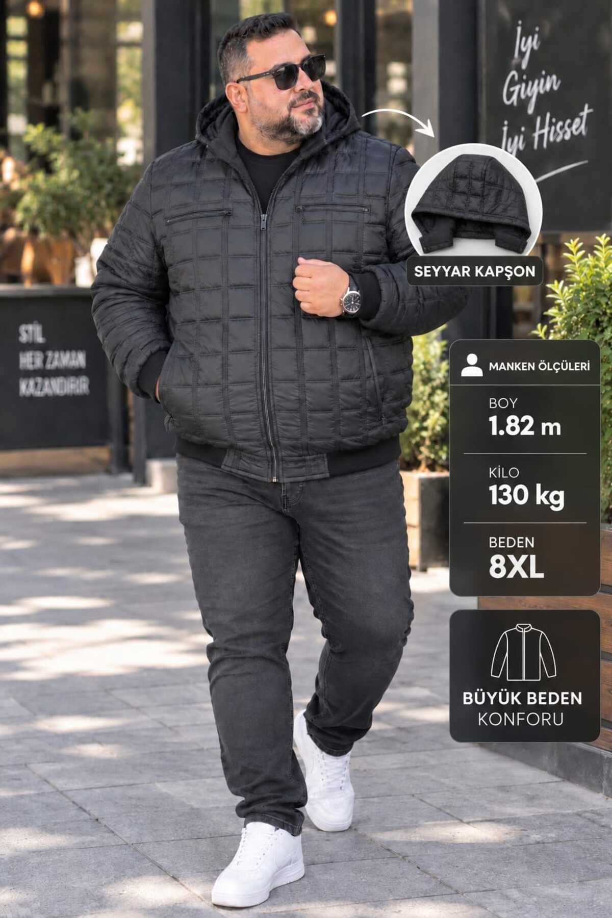 OKER Büyük Beden Erkek Seyyar Kapüşonlu Kapitone Mont, Kol VE Bel Lastikli görsel 4