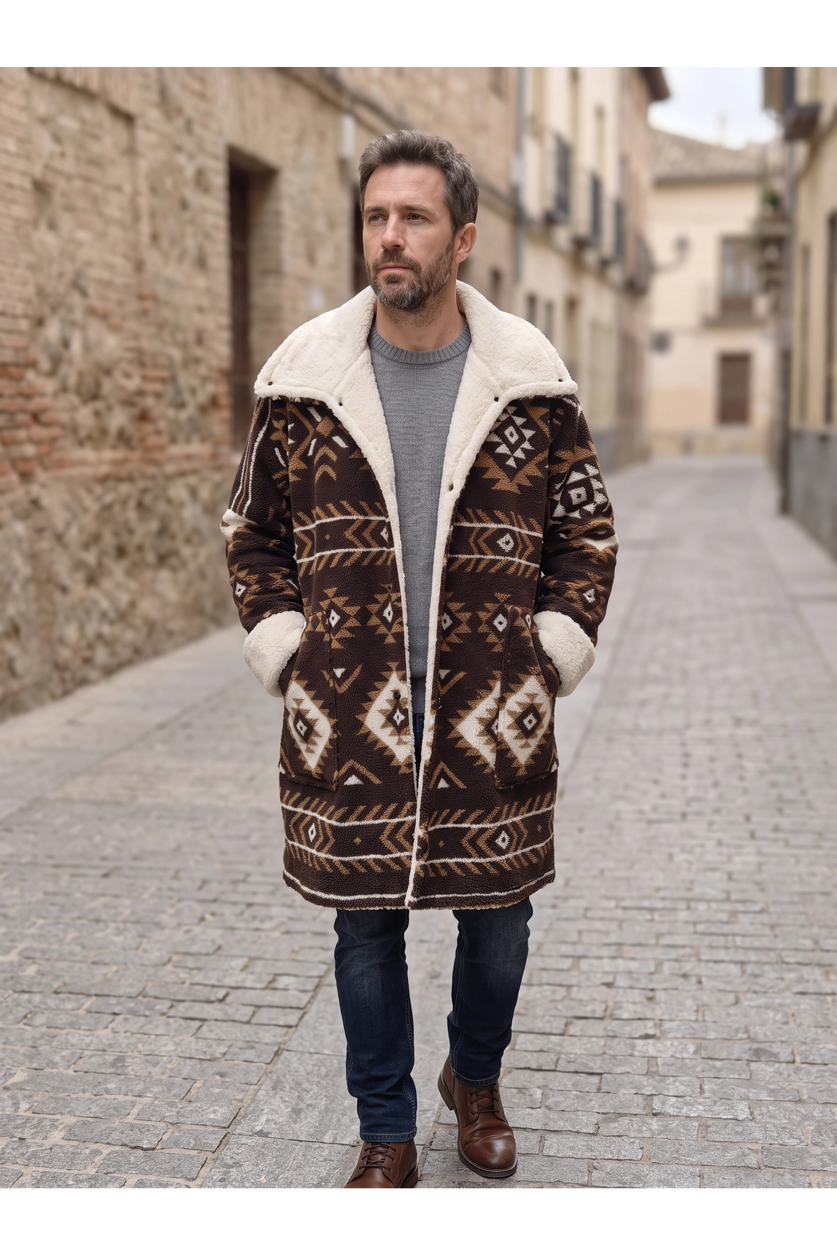 Su Koleksiyon KİLİM DESEN OVERSIZE POLAR PALTO