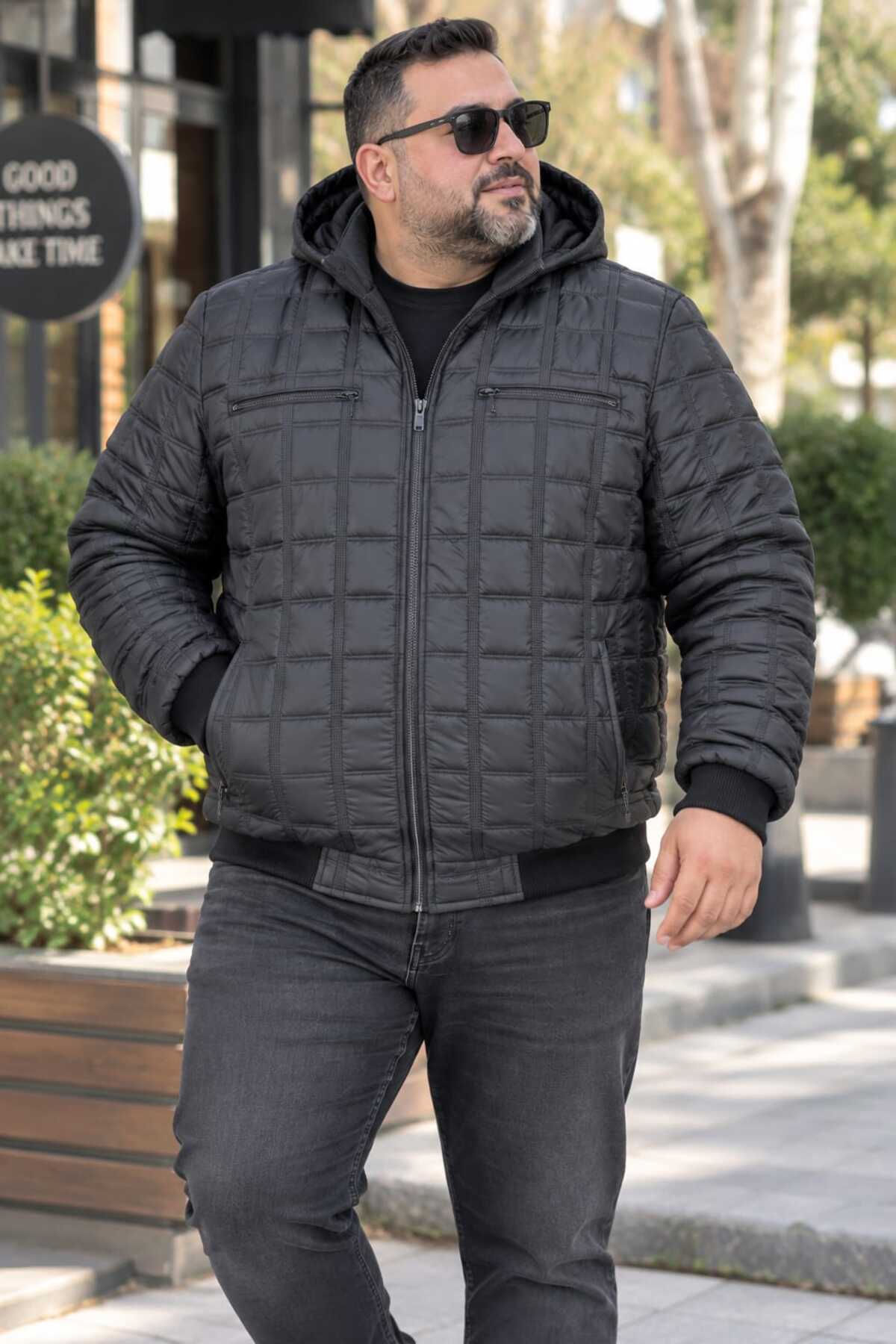 OKER Büyük Beden Erkek Seyyar Kapüşonlu Kapitone Mont, Kol VE Bel Lastikli