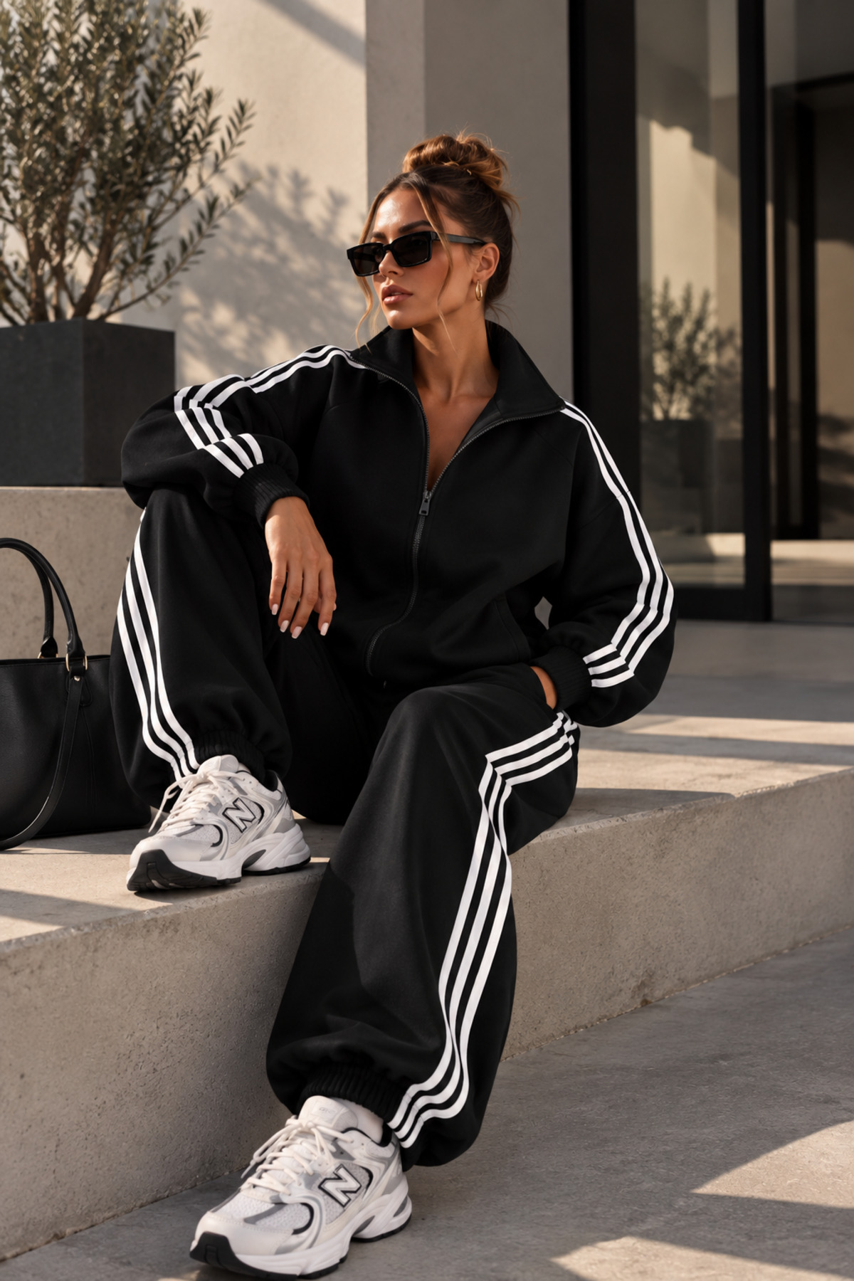 Unisex 3 İplik Şardonlu Retro Eşofman Takımı Fermuarlı Şerit Detaylı Çift Cepli Lastikli Paça