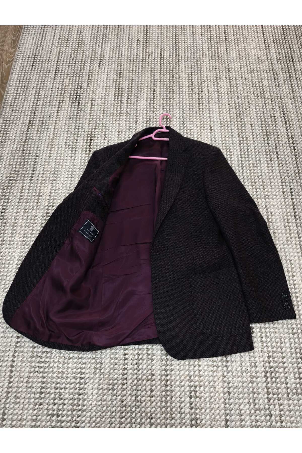 Genel Markalar Mürdüm Renk Dokulu Stil Slim Fit Erkek Blazer Ceket görsel 2