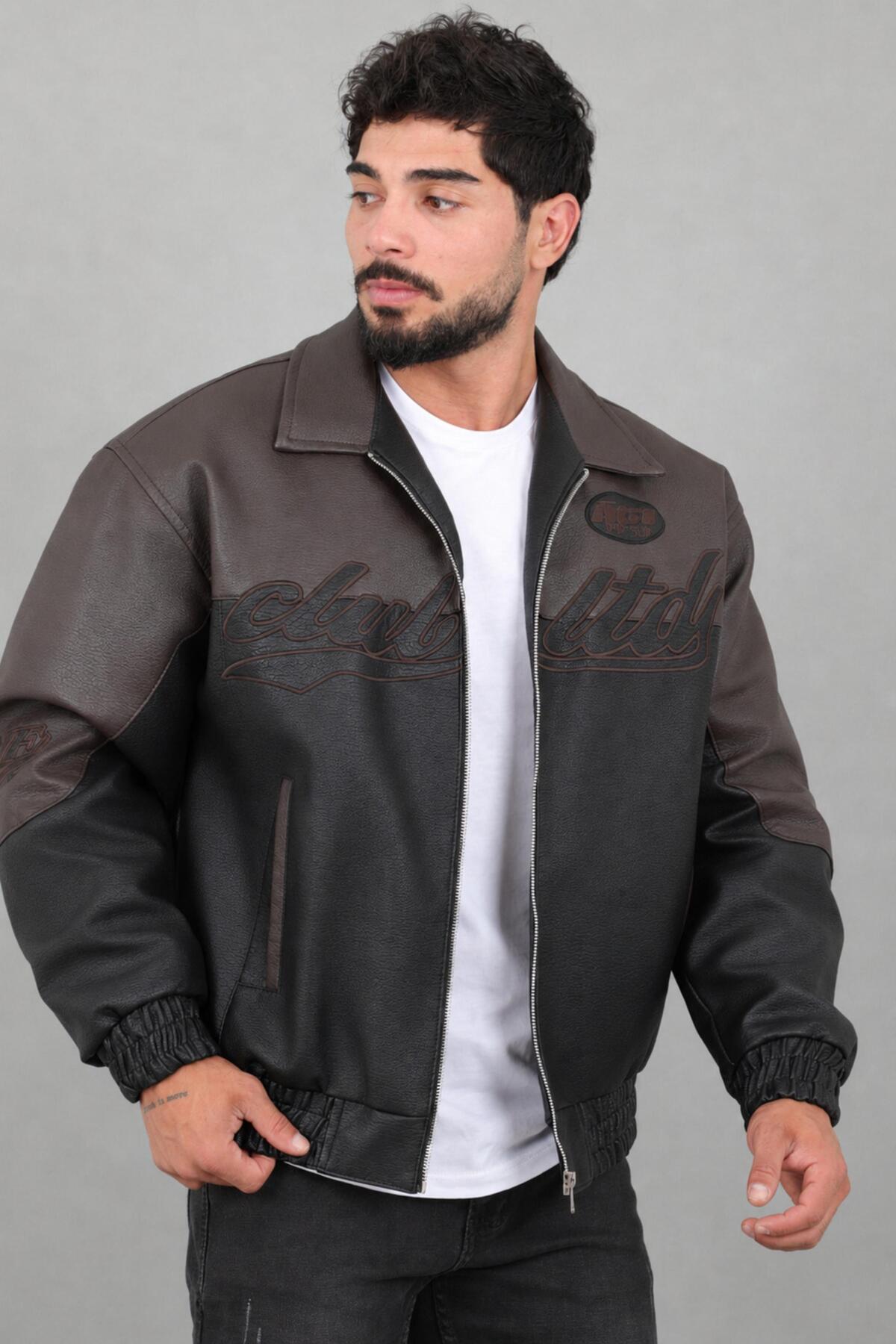 Baskılı Çift Renk Oversize Suni Deri Mont KMD 882_50531 — رنگارنگ