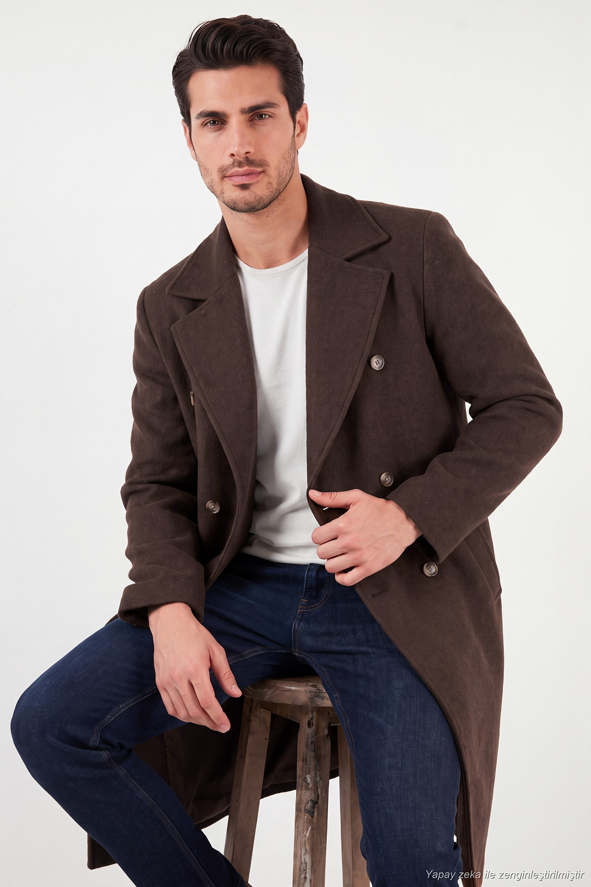 Buratti Loose Fit Kruvaze Yaka Uzun Astarlı Kaşe Kaban Erkek KABAN 681003 görsel 3